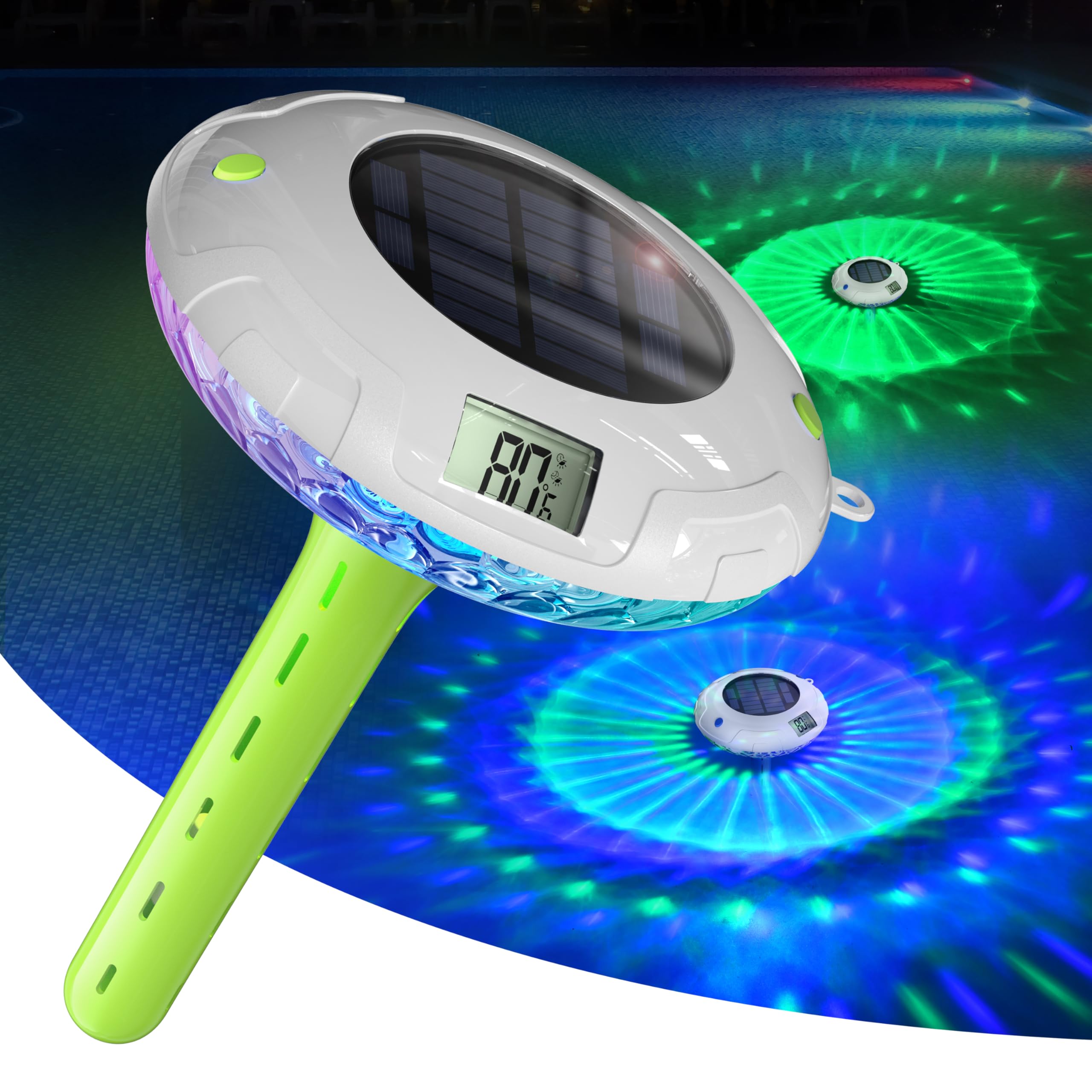 PoolPrime Pool Thermometer Easy to Read, Solar Pool Light with 8 RGBW Color Modes, Dual Dightal Displays for Inground Above Ground Pools (Green)
