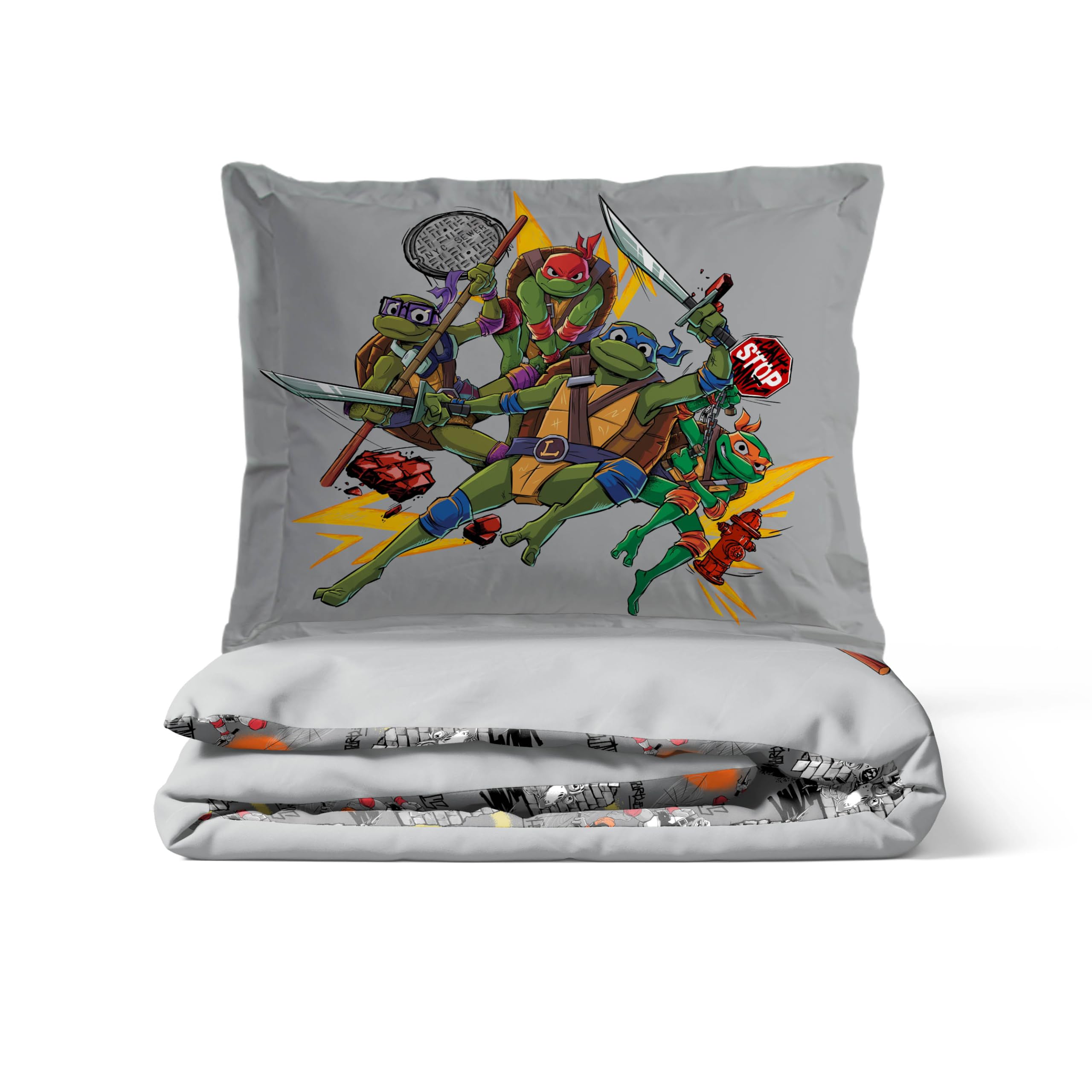 Jay Franco Nickelodeon - Set copripiumino e federe, motivo: Tartarughe Ninja, 3 pezzi, super morbido, confortevole, grigio