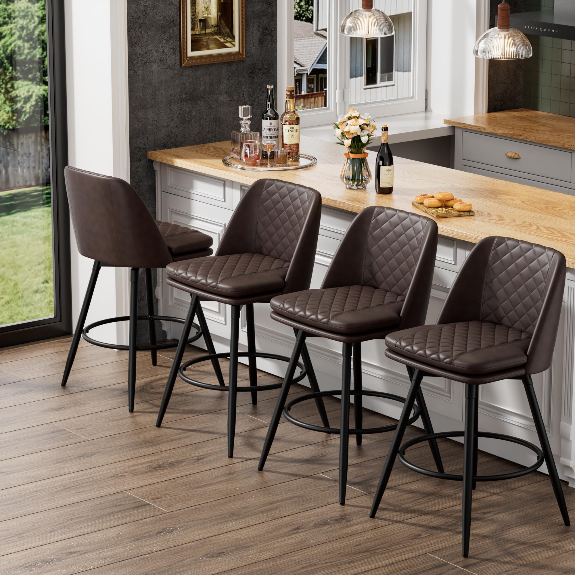 26 inch Bar Stools Set of 4, 360° Swivel Counter Height Barstools with Back, Double-Layer Upholstered Faux Leather Modern Bar Chair with Metal
