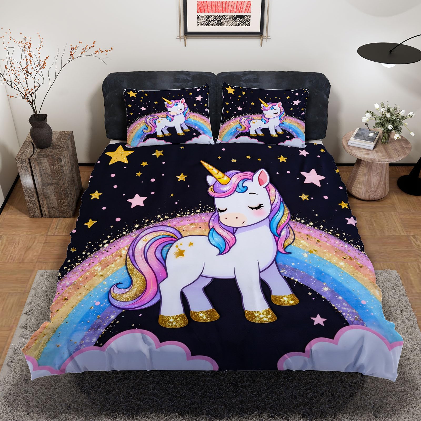 Housse de couette licorne 220x240 finis les plis parure lit 2 personnes avec zip