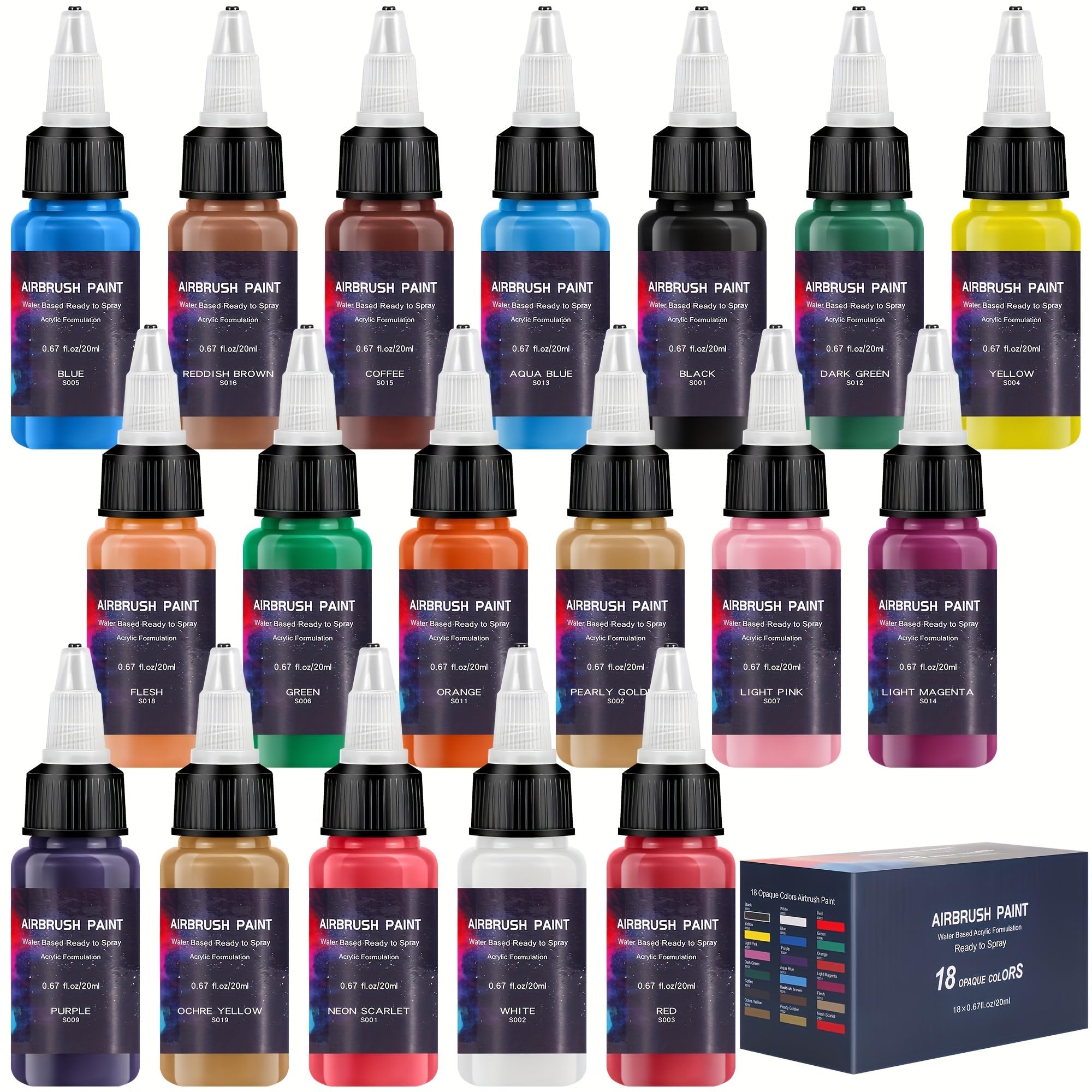 Airbrush Paint 18 Colors, Ready to Spray Airbrush Paint Set, Water-Based Acrylic Air Brush Paints for Metal, Plastic Models, Canvas, Wood, 0.67 Fl Oz/20ml