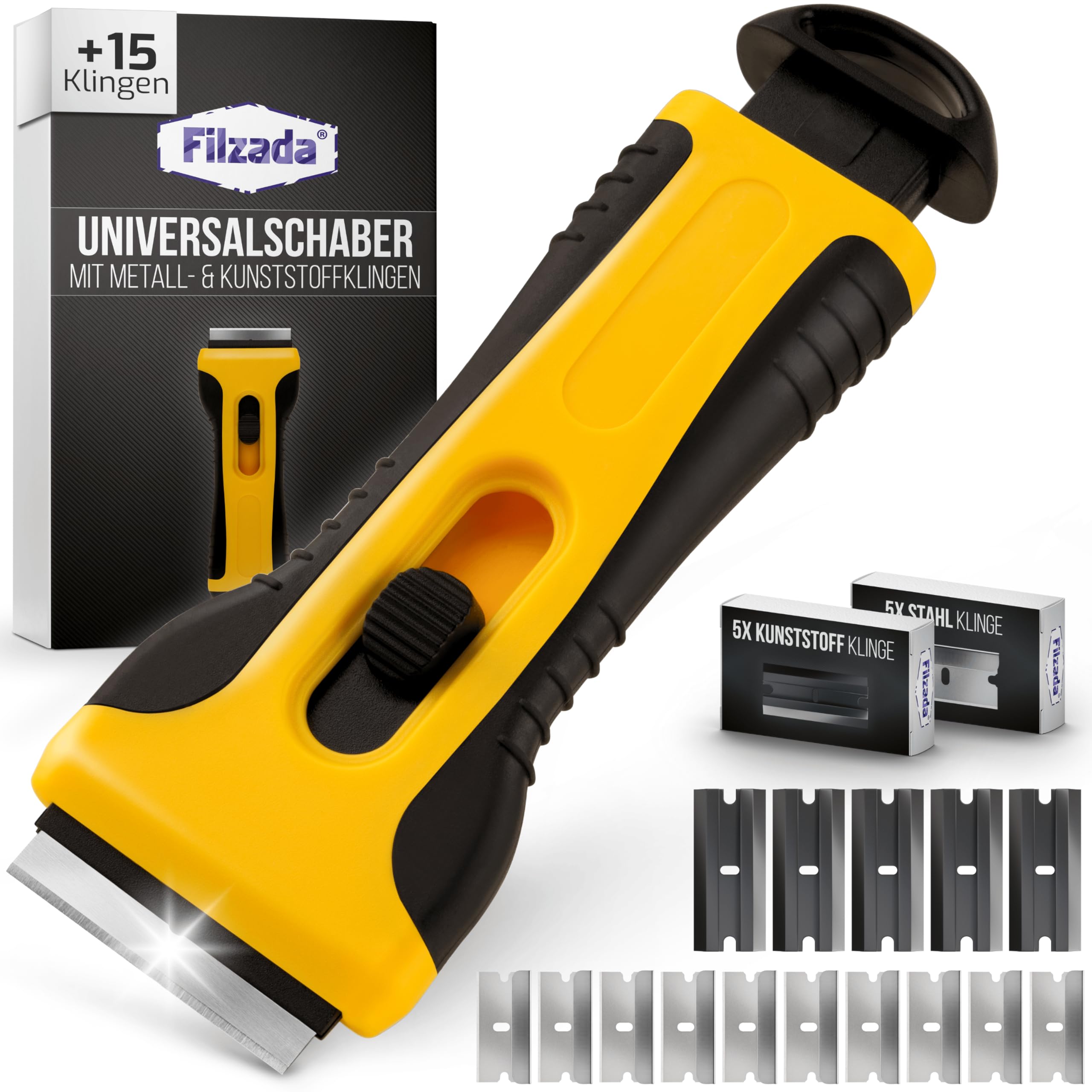 Filzada® Küchenschaber Gelb - mit 15 Schaber Klingen - Glasschaber für Kochfeld - Premium Küchenschaber Set - Schaber geeignet für Glaskeramik - Schaber Küche - Scraper - Glaskeramik Schaber