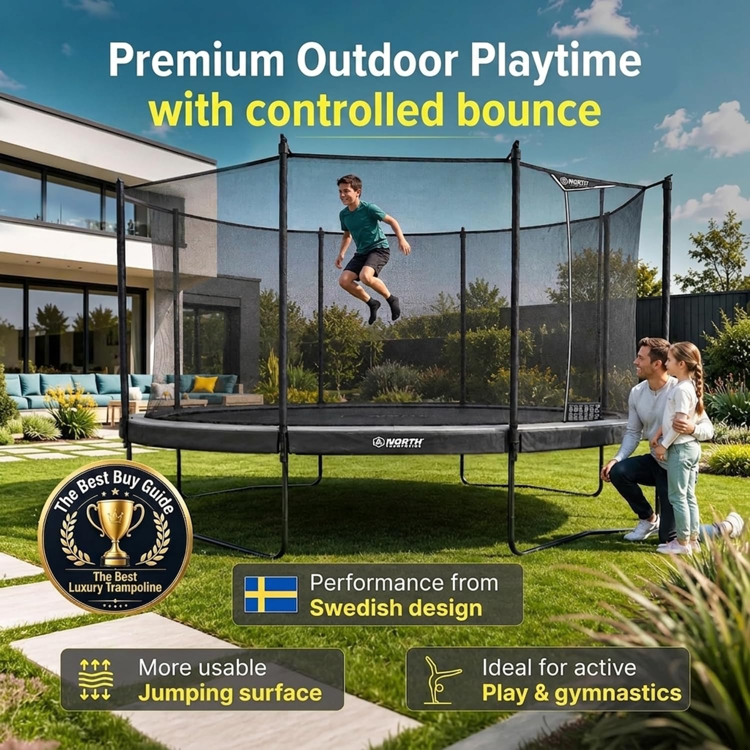 North Trampoline Pioneer Trampolin Outdoor mit Sicherheitsnetz – Prämie Gartentrampolin für Outdoor – Hohe Sprungkraft mit S400-Federn – Werkzeugloser Aufbau – Robuster Rahmen – Für Kinder & Familie