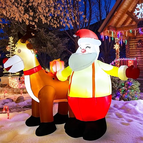 Inflables de Navidad de 7 pies, decoraciones inflables de Papá Noel, reno, Navidad, luces LED integradas con ataduras, estacas, decoraciones de