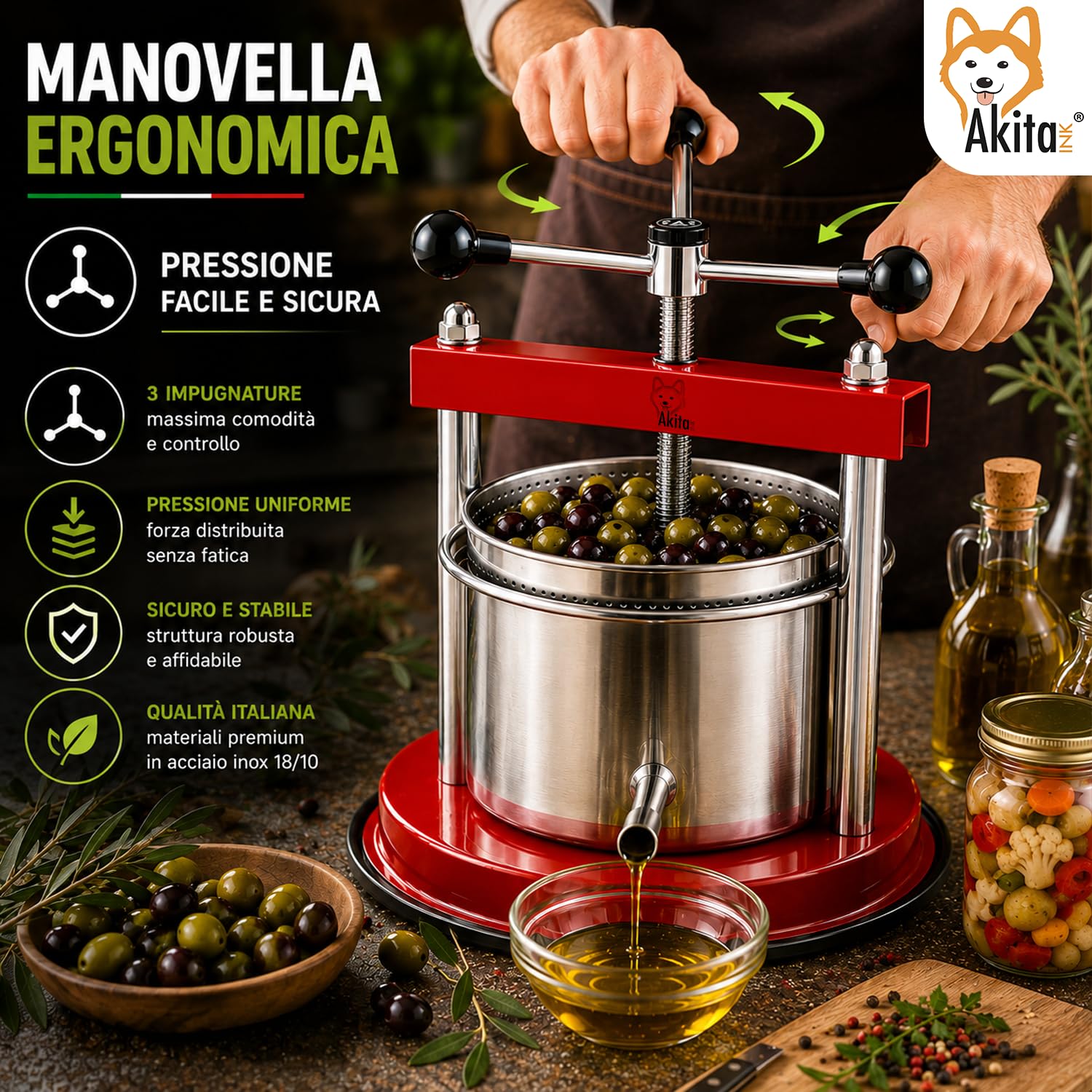 Akitaink Torchietto Manuale da Cucina 12 cm 1,75 L, Pressa con Bicchiere e Filtro in Acciaio Inox per Sottolio, Sottaceto, Carne e Frutta
