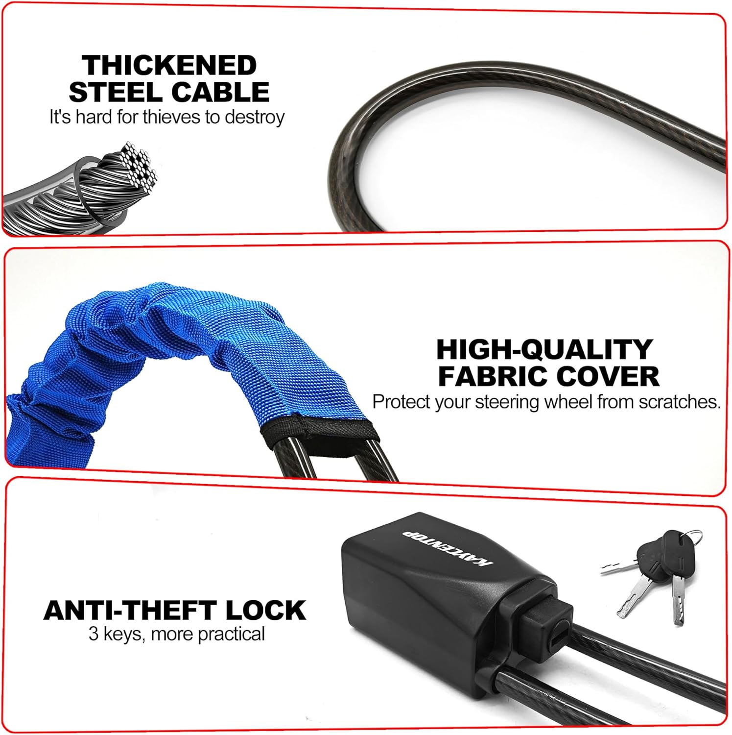 KAYCENTOP Car Steering Wheel Lock to Seat Belt Lock, Anti-Theft Device, Max 17 Inch Length, Small and Light-Weight, Multi-Functional, Fit Most Vehicle, SUV, Golf Cart Security (Blue)