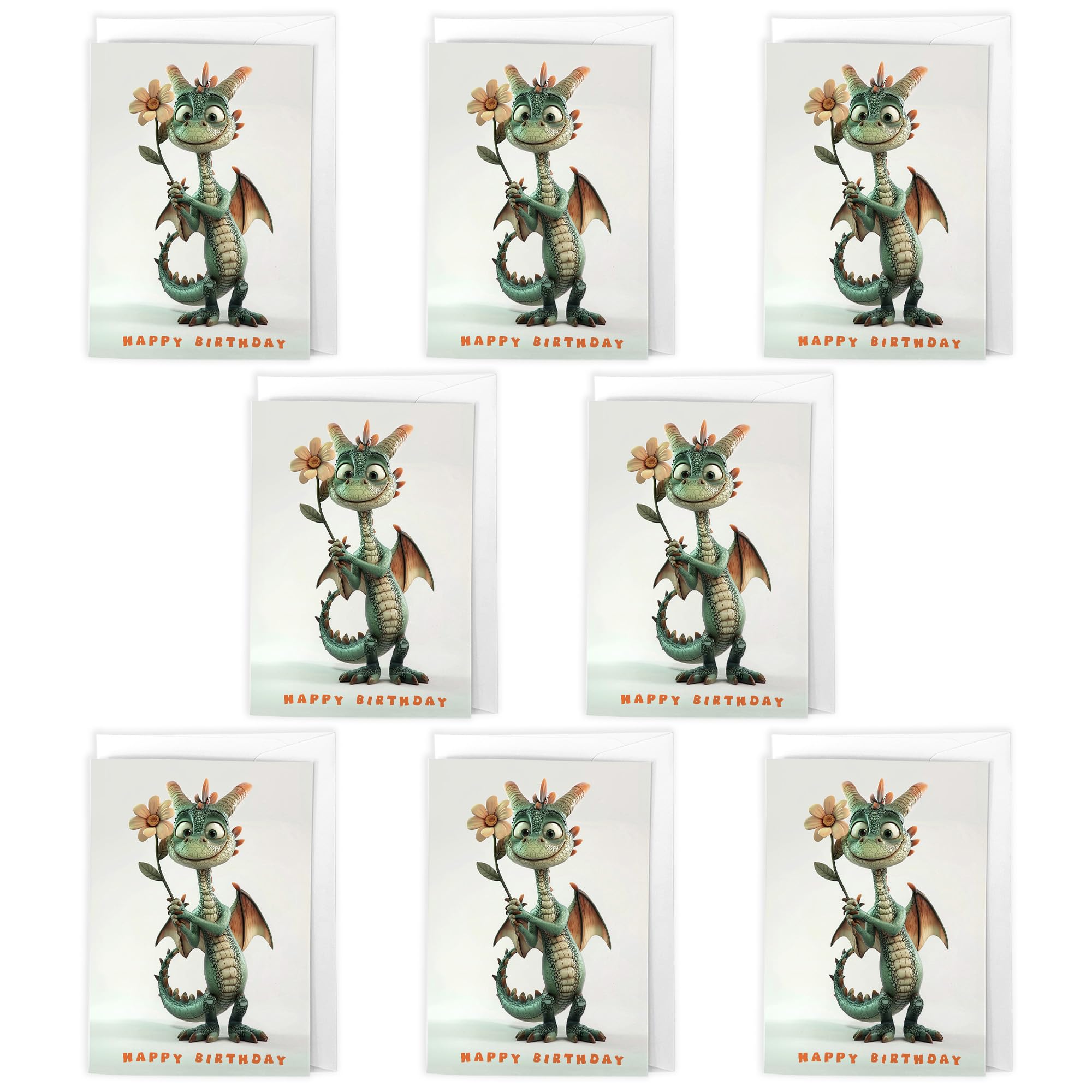 Artery8 Cute Dragon Birthday Cards – Pack of 8 A6 Cards with Envelopes – Cartoon Green Dragon with Flower – Ideal for Kids, Fantasy Fans & Fun Birthdays – Blank Inside