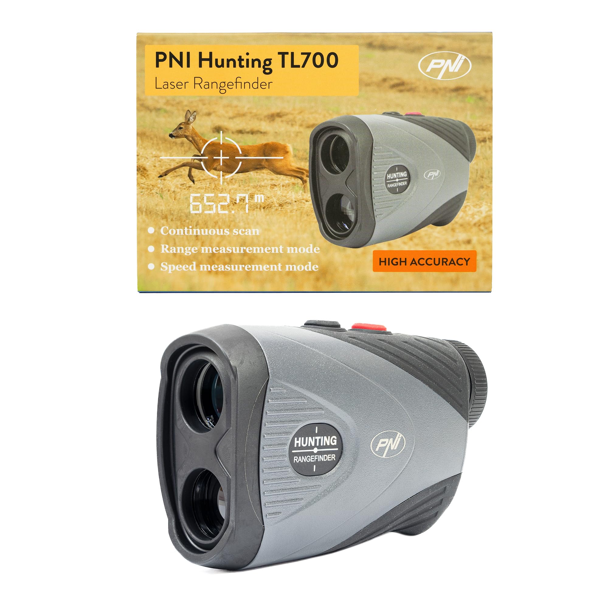 Telemetro laser PNI Hunting TL700, 1100 m, zoom 7x, IP54, misurazione della distanza e della velocità, per caccia, golf, tiro