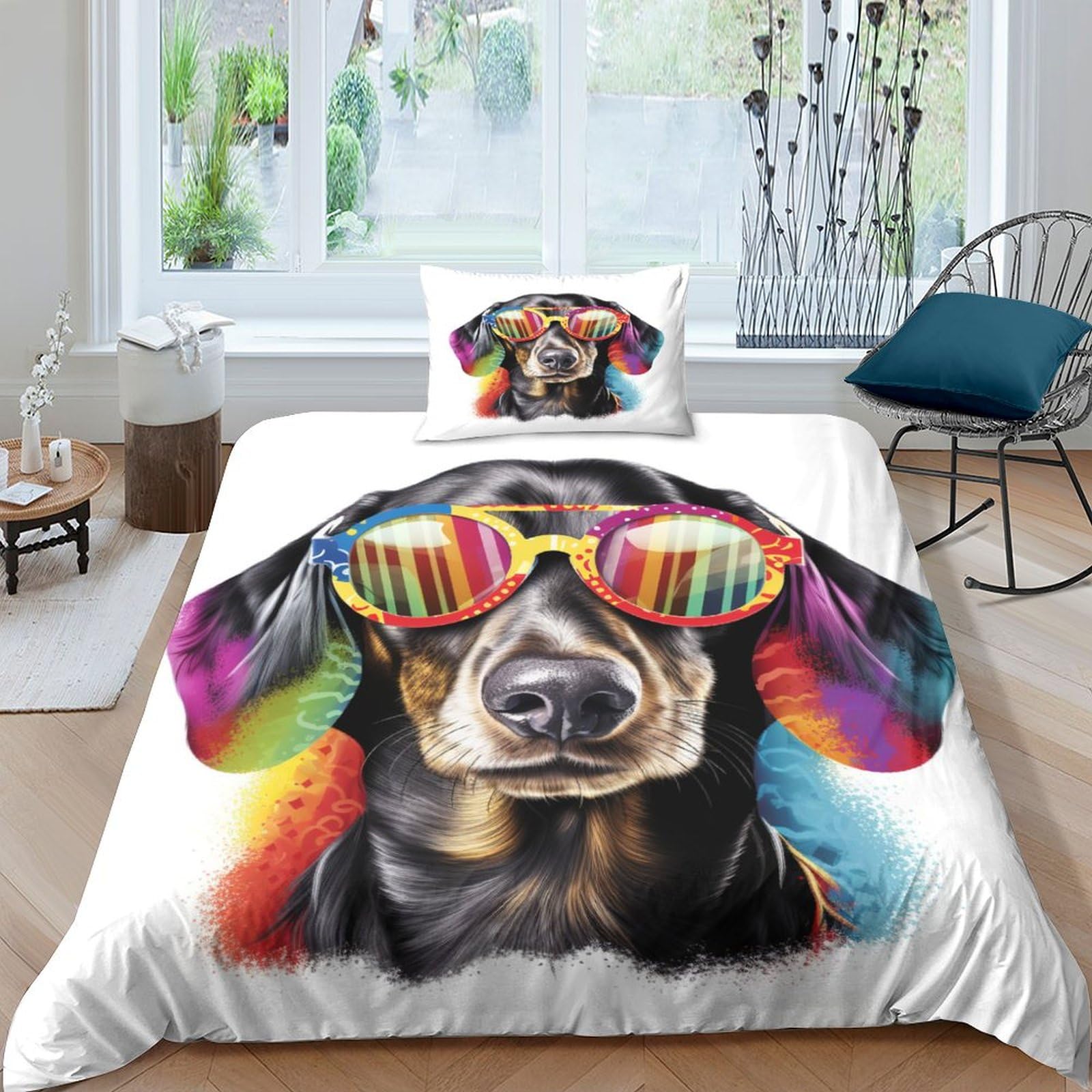 ENYISIYULO Dog with Glasses Duvet Cover Set 3 PCS Hotel Quality Quilt Cover Bedding Sets Bed Covers with Pillowcases with Zipper Closure Hypoallergenic Soft Breathable Microfiber Single（135x200cm）