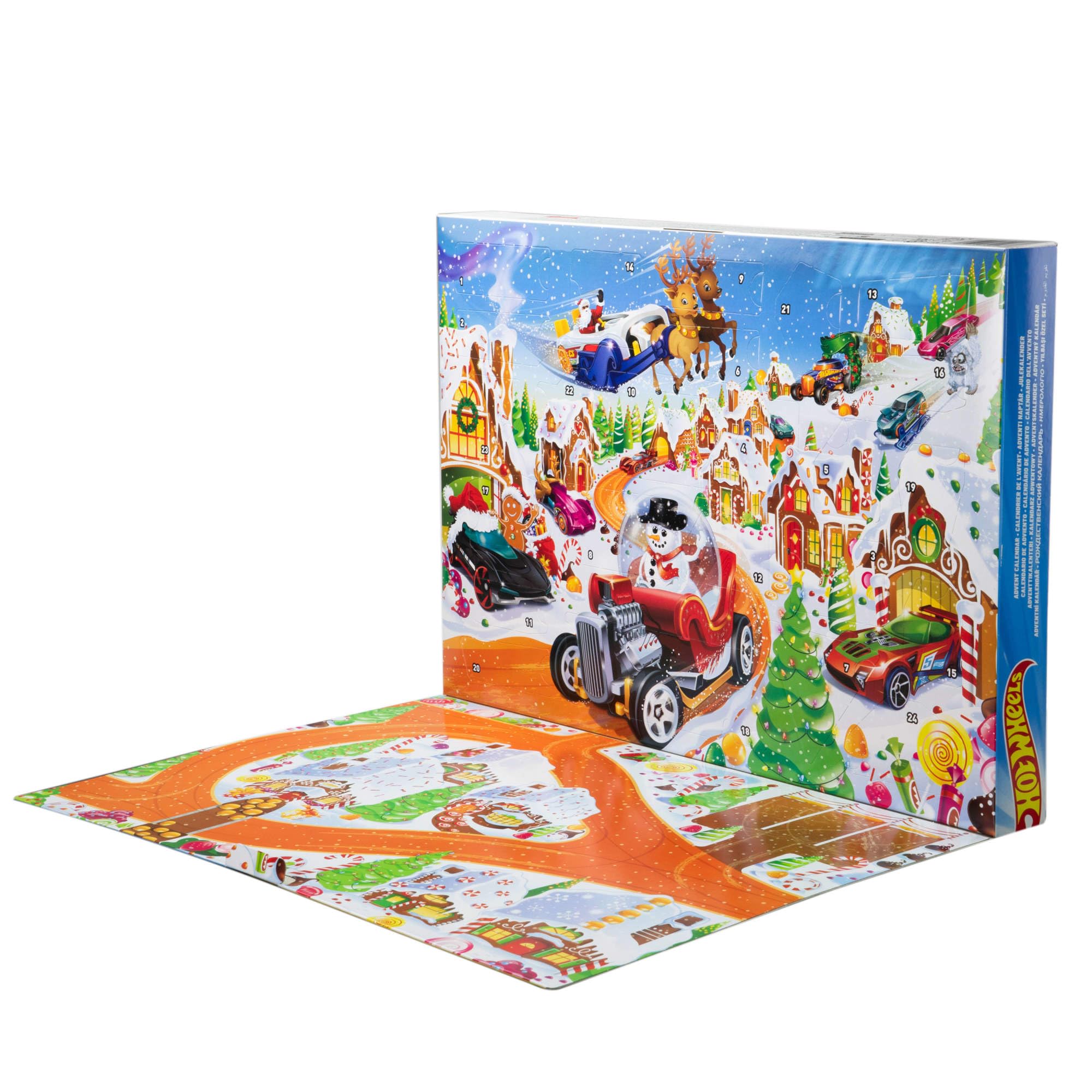 Hot Wheels - Calendario dell'Avvento 2025, 24 finestrelle numerate con sorprese a tema Natale, 10 macchinine, 10 clip e 14 accessori inclusi, giocattolo per bambini, 3+ anni, JCB47