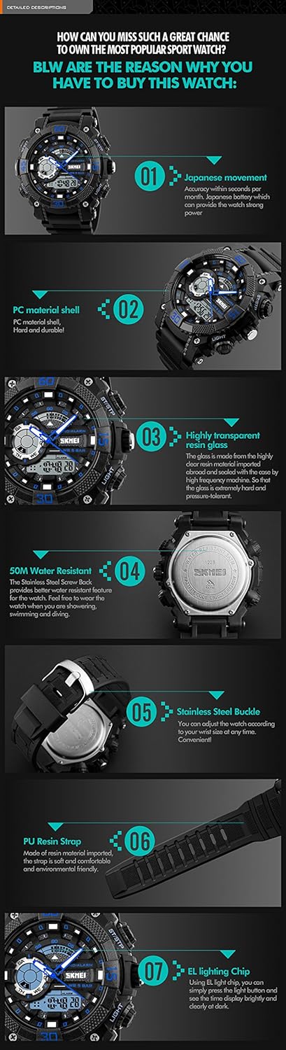 Detailed features of SKMEI 1228 watch including water resistance, materials, and lighting