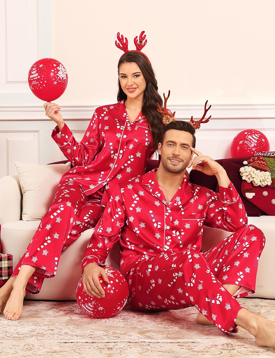 SWOMOG Couples Satin Pajamas Set Womens & Mens Matching Silk Long Sleeve Sleepwear 2 Piece Button Down Pjs Set Lounge Set - Image 4