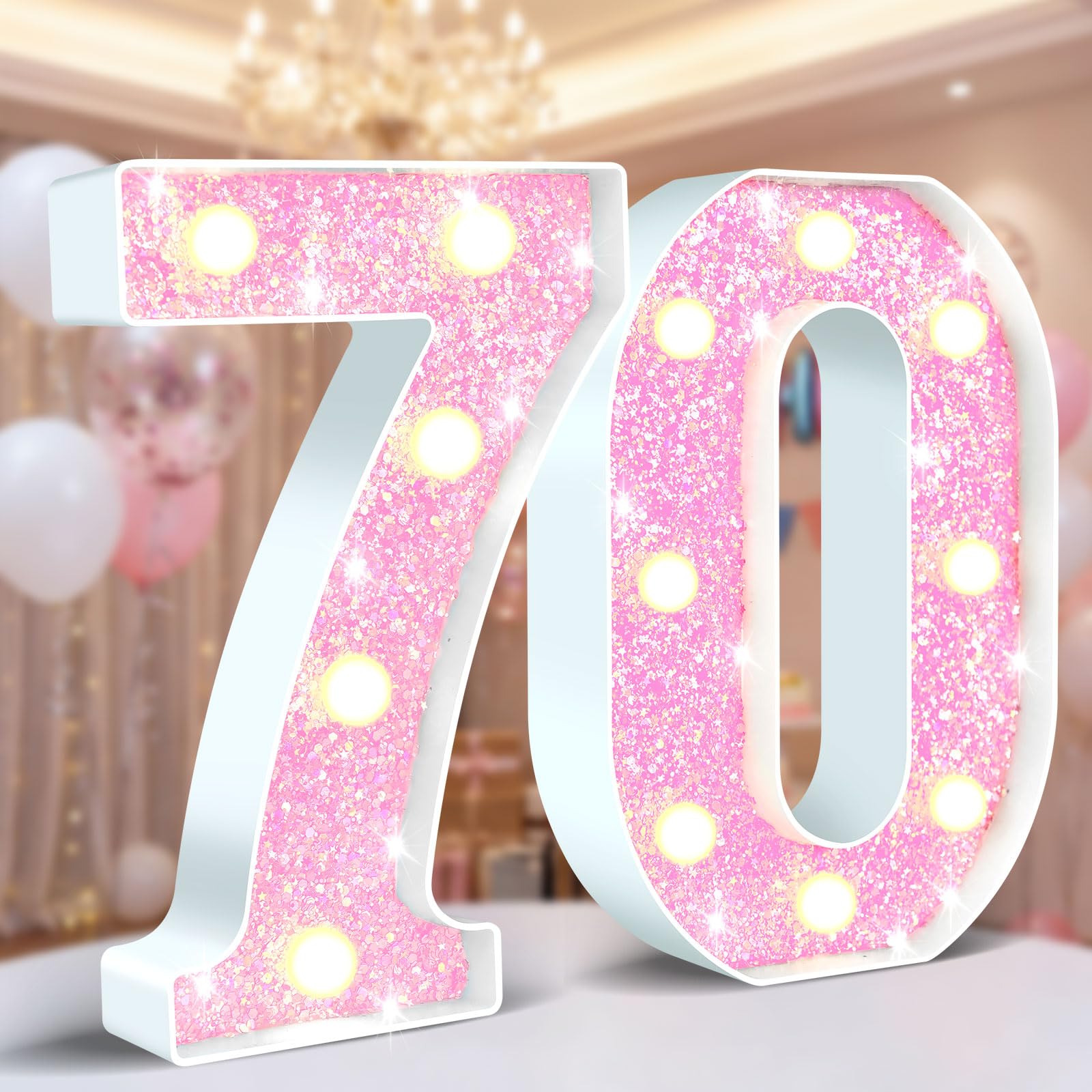 Ledido Light Up Numbers 70 Glitter, Lighted Number Sign for 70th Birthday Decorations, LED Pink Numbers as Birthday Gifts for Girls Women Anniversary Party Decor, Night Lights for Bedroom Decorations