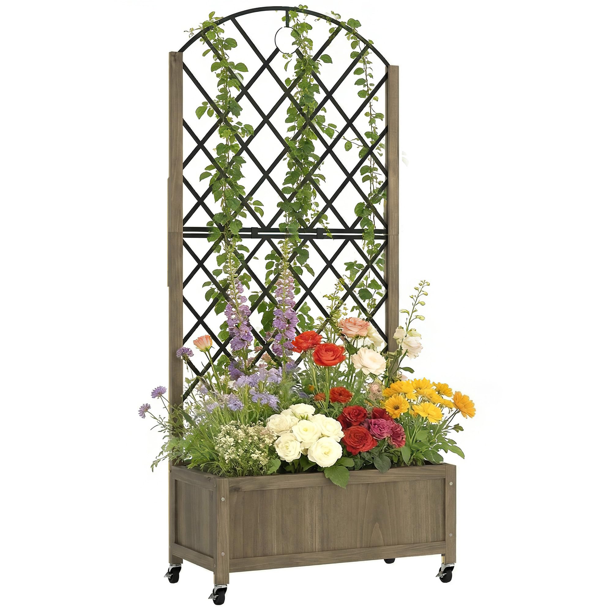 Outsunny Carbonised Raised Garden Bed With Metal Trellis, Wooden Elevated Planter Box With Lockable Wheels, Outdoor Raised Planter For Climbing Plants, Fruits, Vegetables, Flowers,