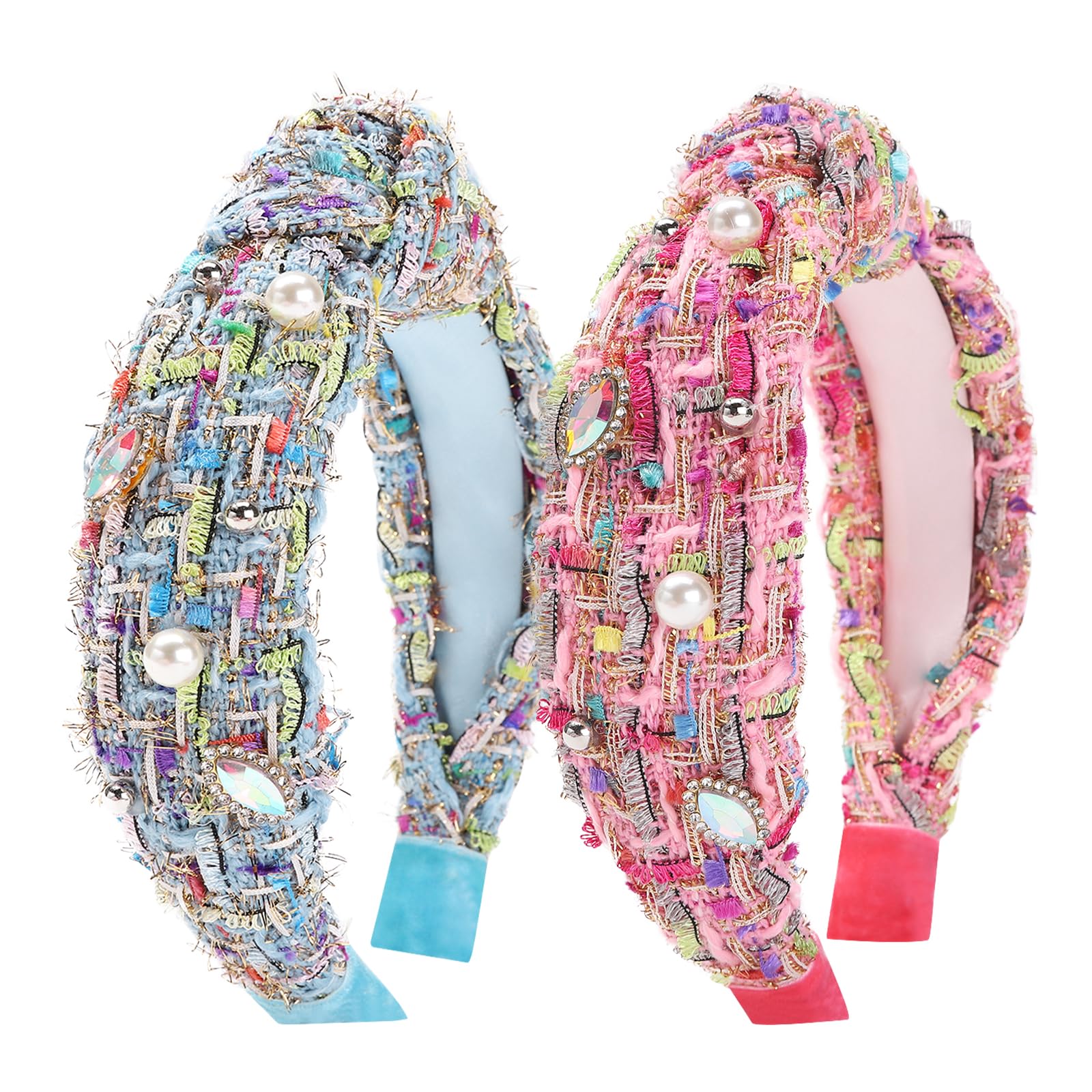 Fishdown Pearl and Rhinestone Headbands for Girls Kids Knotted Headbands Girls Handcrafted Embellished Hair Bands with Pearls and Gemstones (Pink and