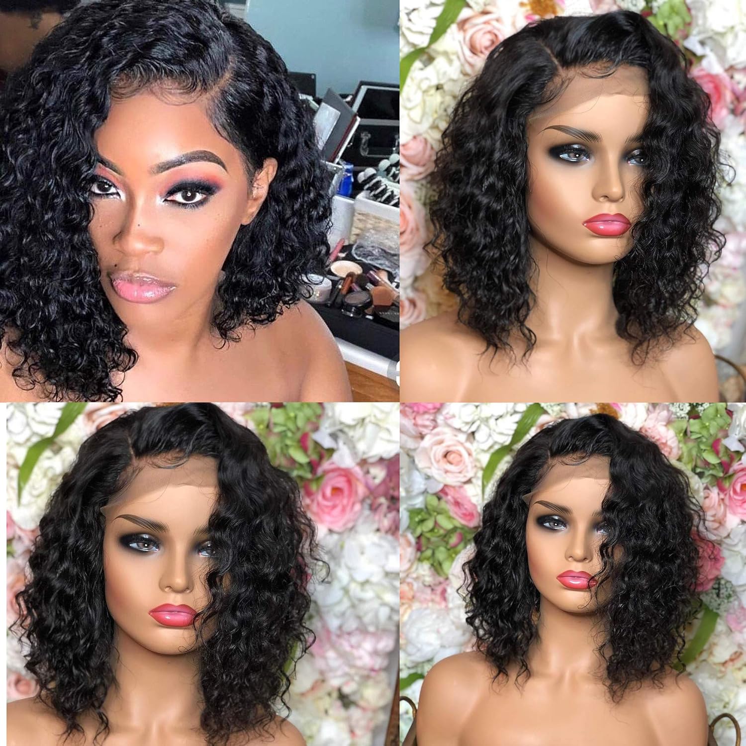 Crazy Deals BLY Deep Wave 13x4 Frontal Bob Wigs Human Hair Lace Front Wig Short Curly Hair 150% Density Pre Plucked with Baby Hair Natural Hairline 10 Inch