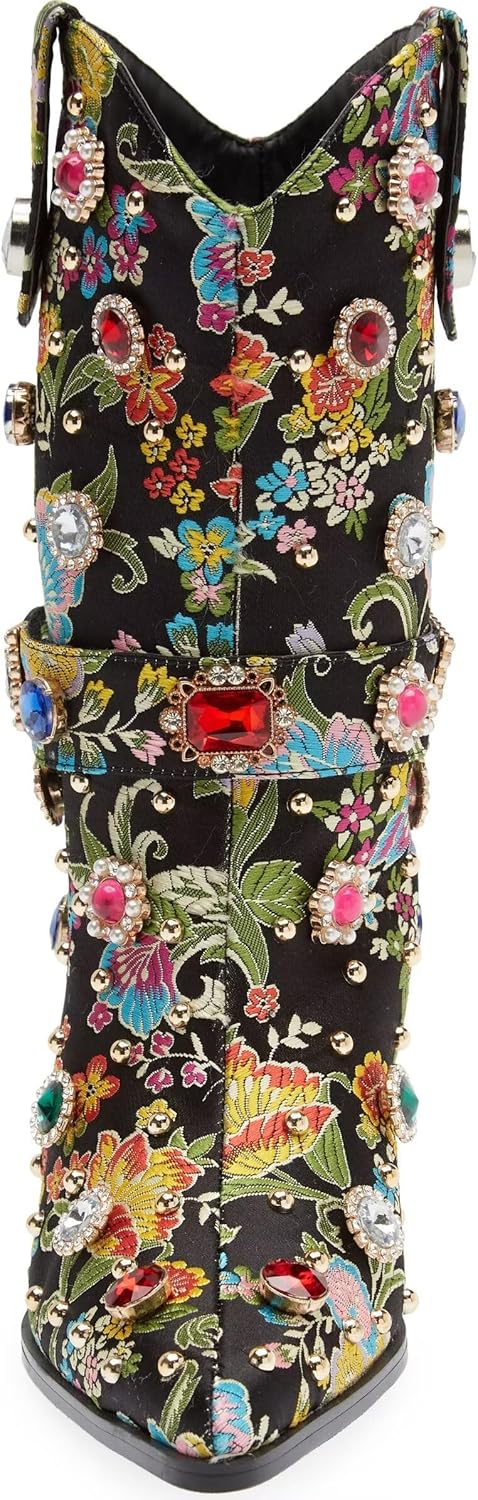 GPXGPX Western Cowboy Boots For Women Flower Embroidered Rhinestone Mid Calf Pointed Toe Chunky Heel Cowgirl Boots - Image 5