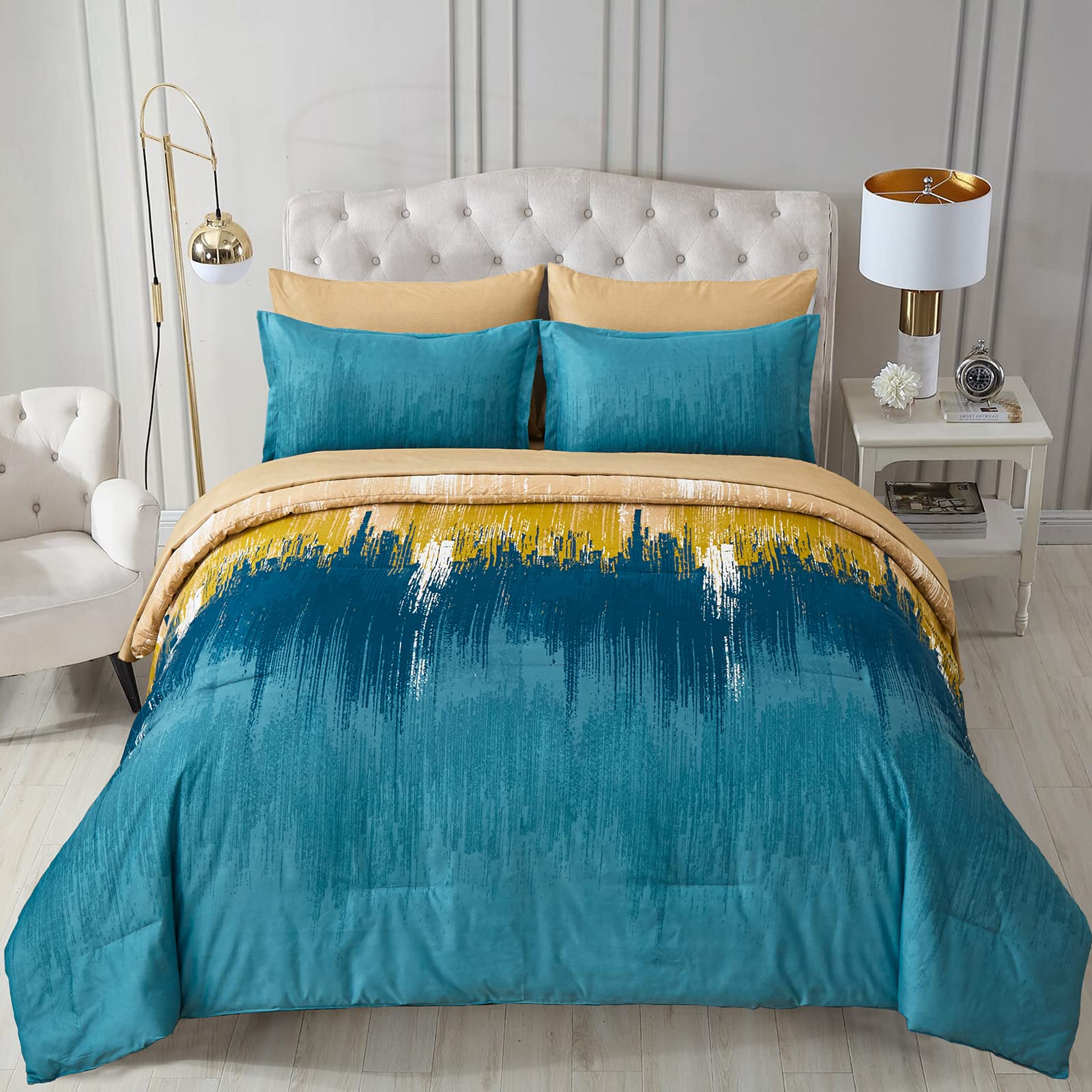WONGS BEDDING Teal Comforter Set King,7 Pieces Bed in a Bag Abstract Art Gradient Comforter Soft Microfiber Bedding Set -1 Comforter, 1 Flat Sheet, 1 Fitted Sheet, 2 Pillow Shams,2 Pillowcases