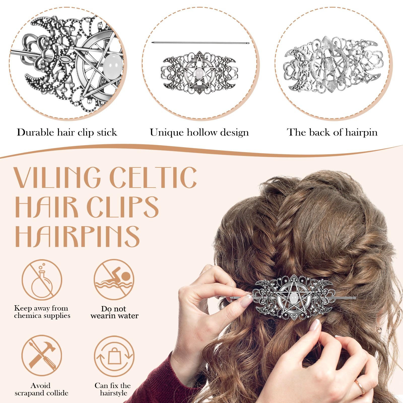 Syhood 8 Pcs Viking Celtic Hair Clips Vintage Knot Hair Stick Retro Silver Metal Celtic Barrette Hairpins Viking Jewelry Accessories for Women (Classic): 8 Moon