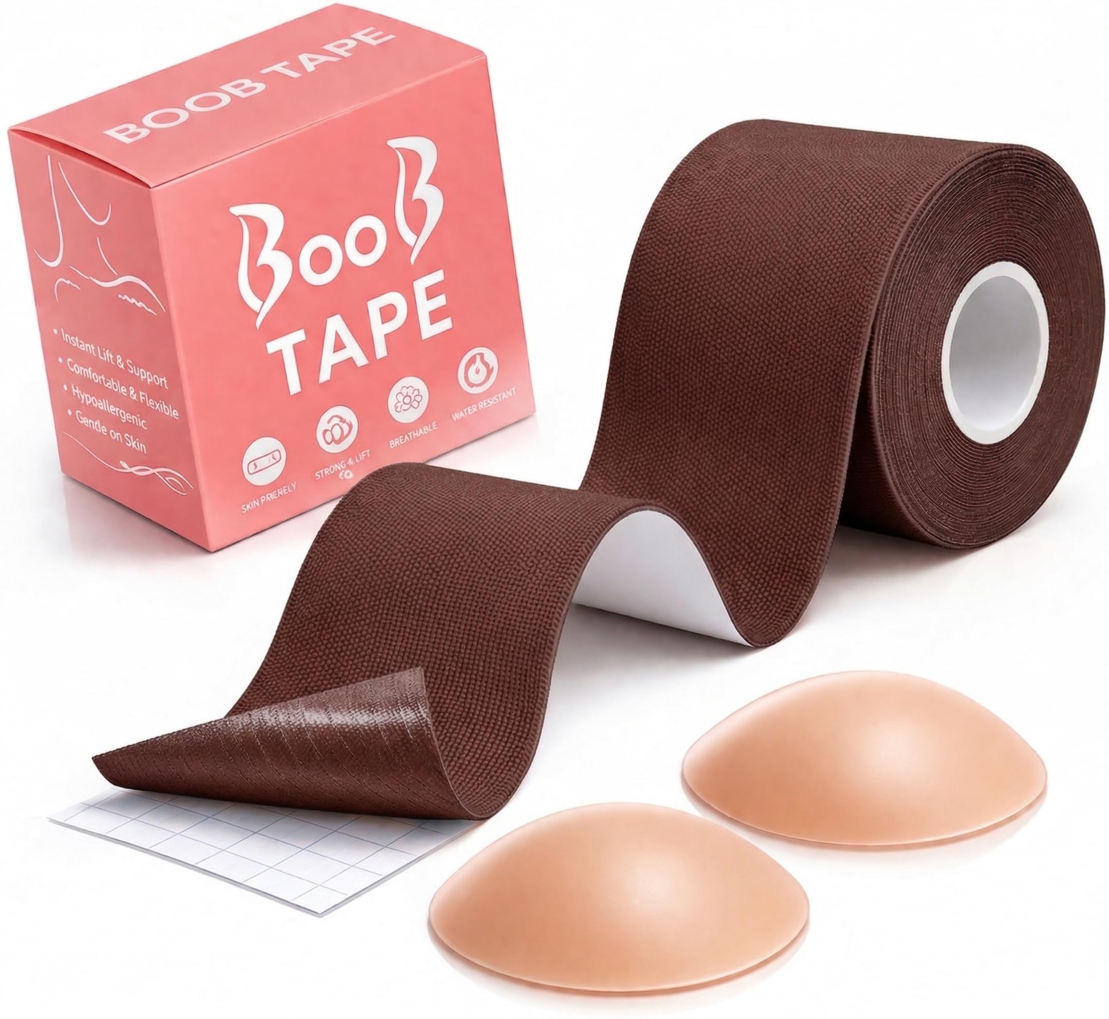 INTELLIGRON Boob Tape, Bob Tape for Large Breasts, Self-Adhesive Strapless Boobtapes with 2 Pcs Nipple Covers, 5M Stretchable Longer Roll, Perfect to Stick on Bra, Kinesiology Tape Coffee
