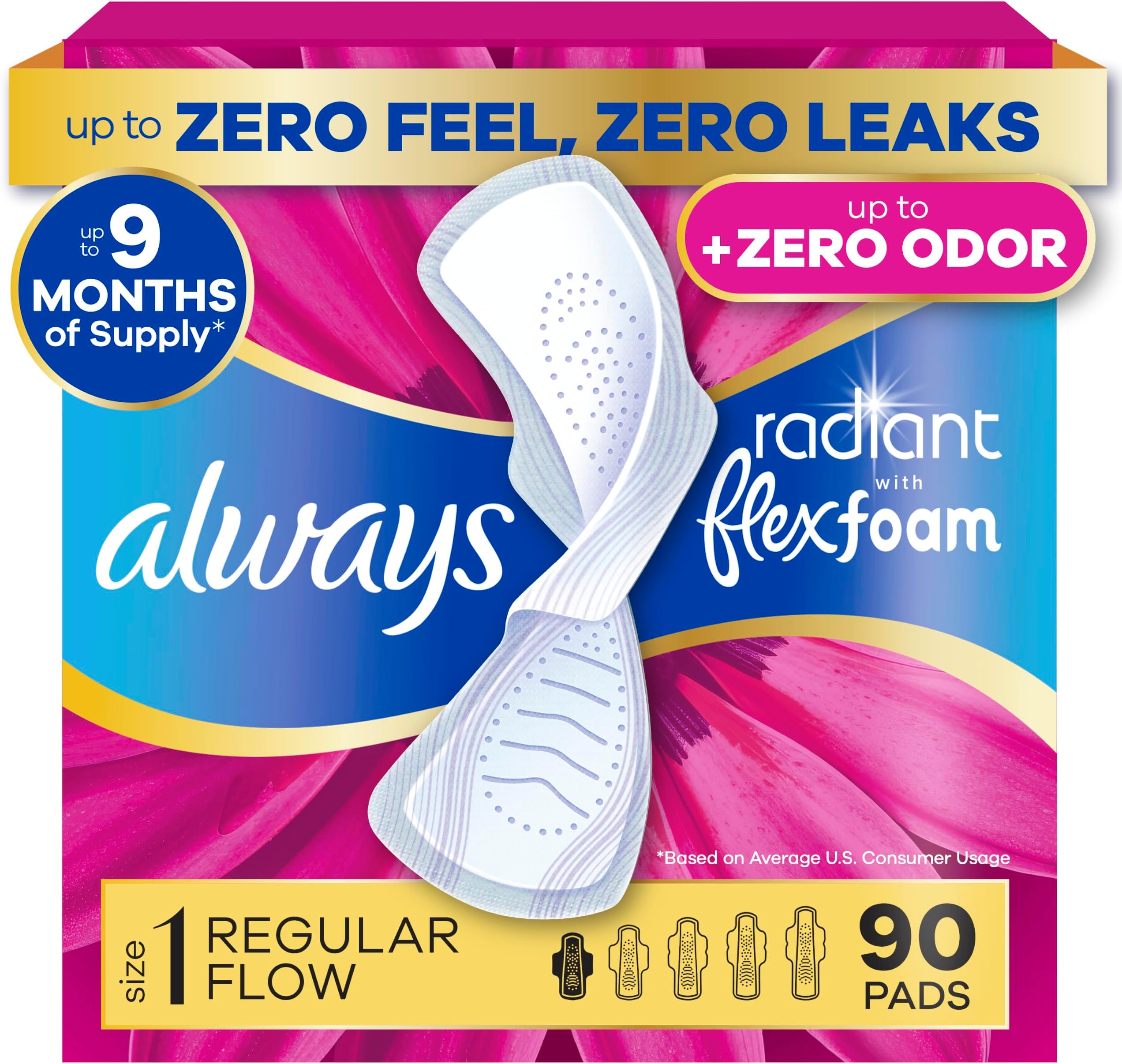 Radiant Feminine Pads for Women, Flexfoam Pads with Wings, Size 1, Regular Absorbency, Lightly Scented, 90 Count (3 Packs of 30)