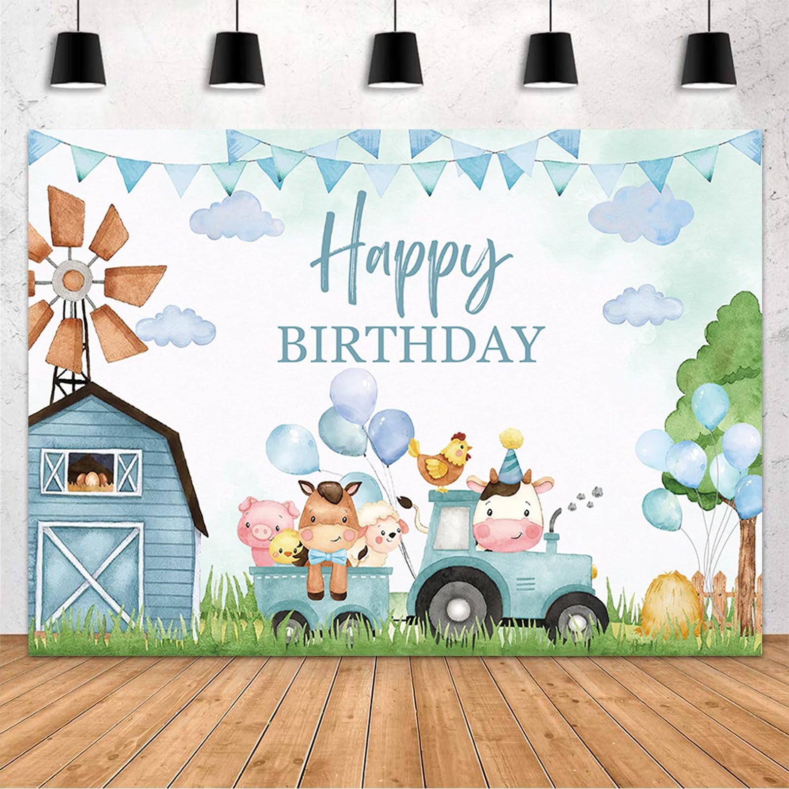 MEHOFOND Farm Aniamls Happy Birthday Backdrop for Boys Barn House Birthday Party Decorations Banner Cartoon Farm Animals Farmland Blue Sky White