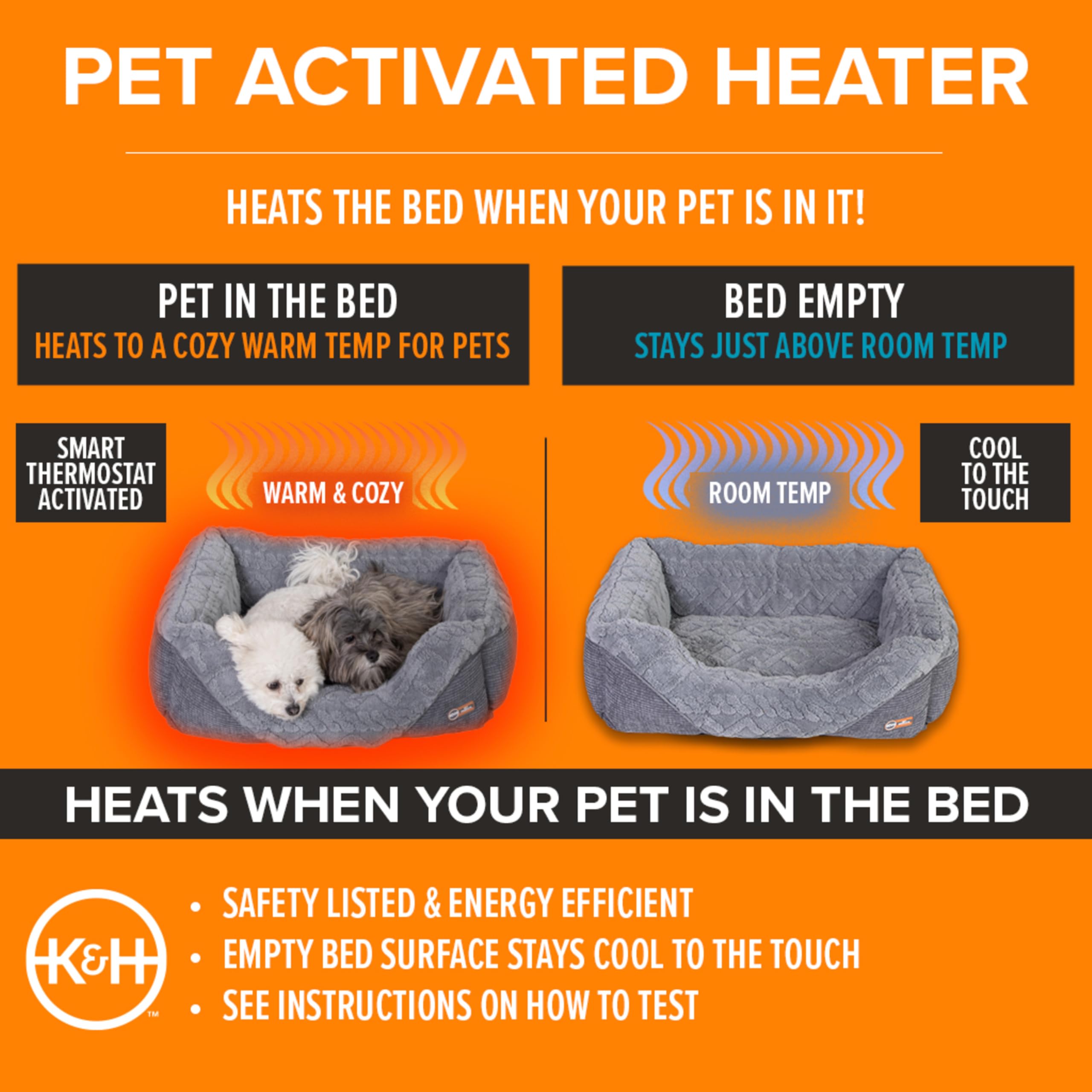 K&H Pet Products Thermo-Pet – Lit d'intérieur chauffant pour animaux de compagnie pour chiens et chats, coussin chaud et apaisant pour plusieurs ou grands chats, lavable en machine, sécurité listée