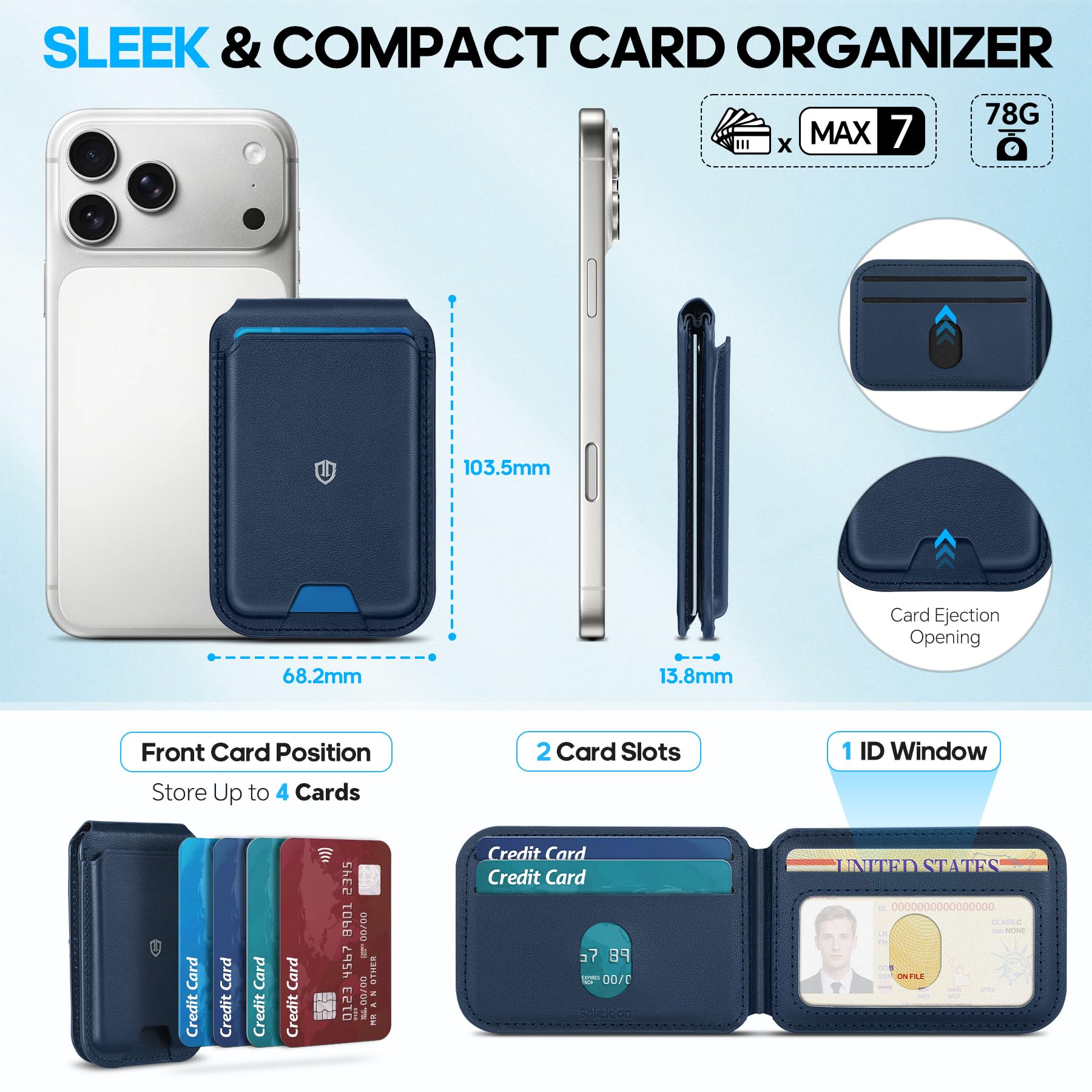 SHIELDON Tarjetero de Cuero Genuino, Cartera Magnética [Bloqueo RFID][Soporte Ajustable][Ranura para Tarjeta] Leather Wallet Card Holder para iPhone Serie 17/16/15/14/13/12, No para Mini - Azul Marino