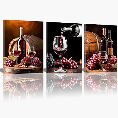 Miniatura 1 de QIXIANG Lienzo de cocina de 3 piezas de vidrio de uva de vino tinto con barril de madera, impresiones para dormitorio, restaurante, bar, decoración
