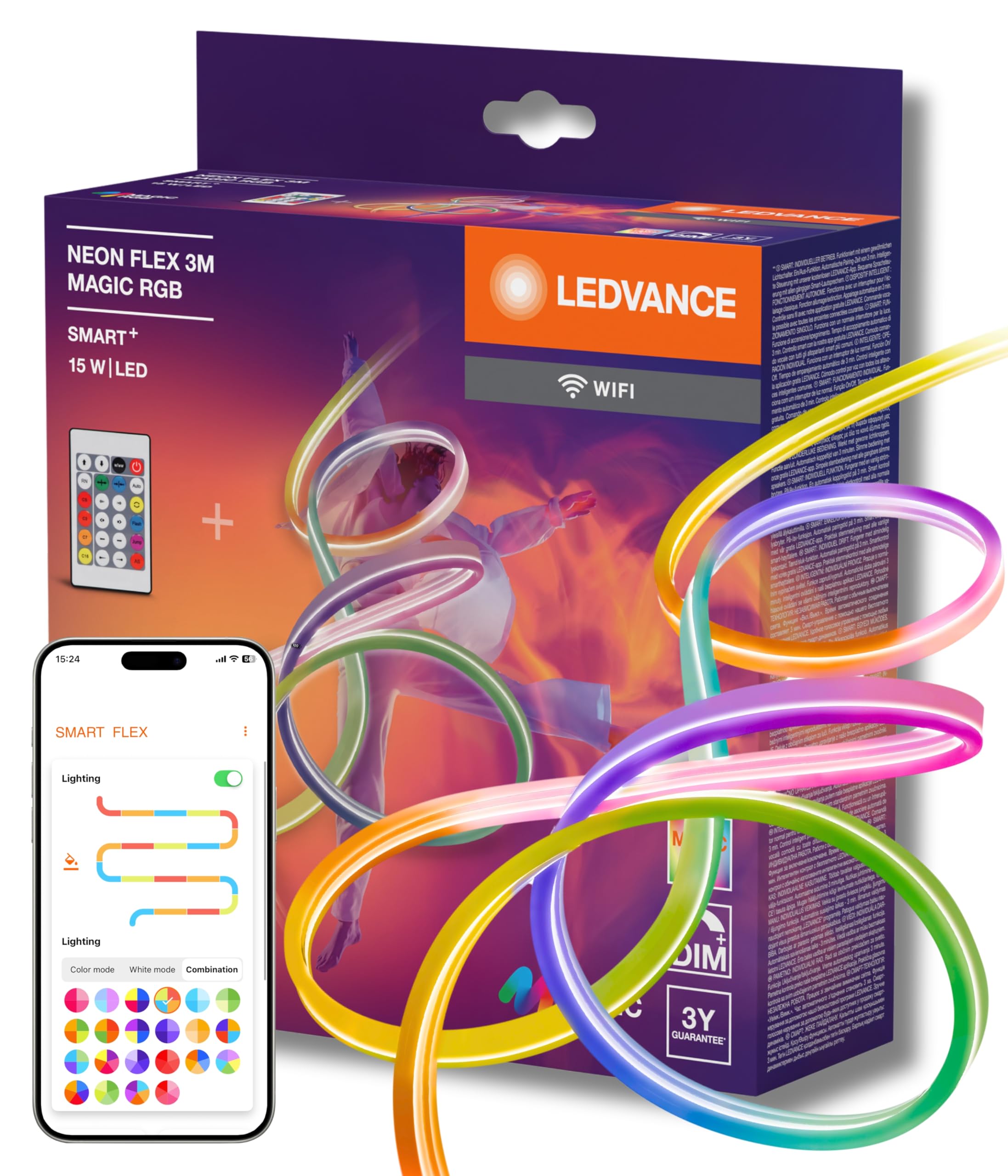 LEDVANCE SMART WIFI NEON FLEX MGC RGB RC strisce LED colorate per uso esterno con tecnologia WiFi e distribuzione omogenea della luce; dimmerabile; bianco; silicone; 3 m; lampadina non sostituibile