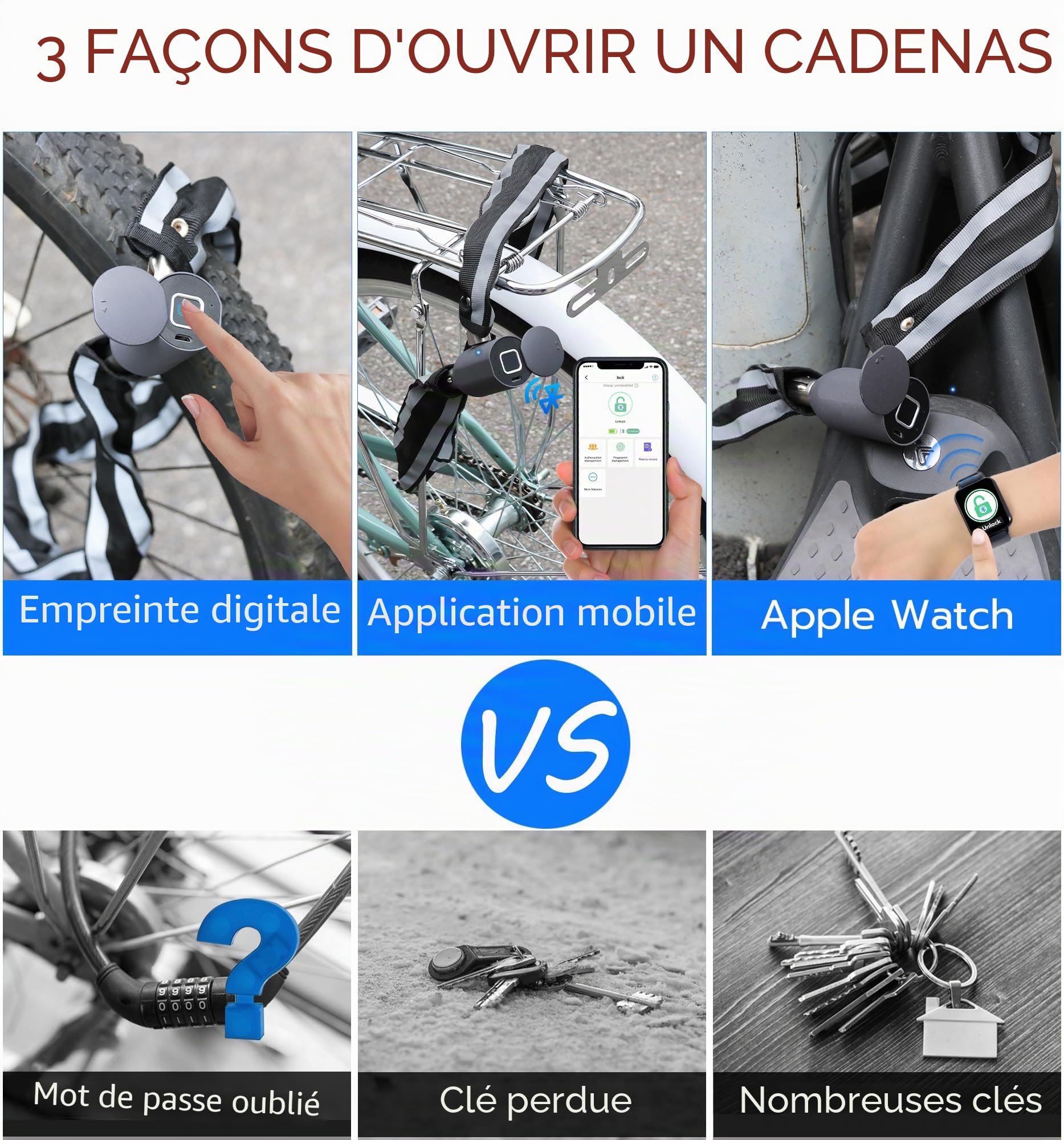 Antivol à chaîne électronique eLinkSmart pour vélo avec empreintes digitales et application d'empreintes digitales Longueur 100 cm Étanche Câble antivol sans clé Déverrouillage autorisé à distance