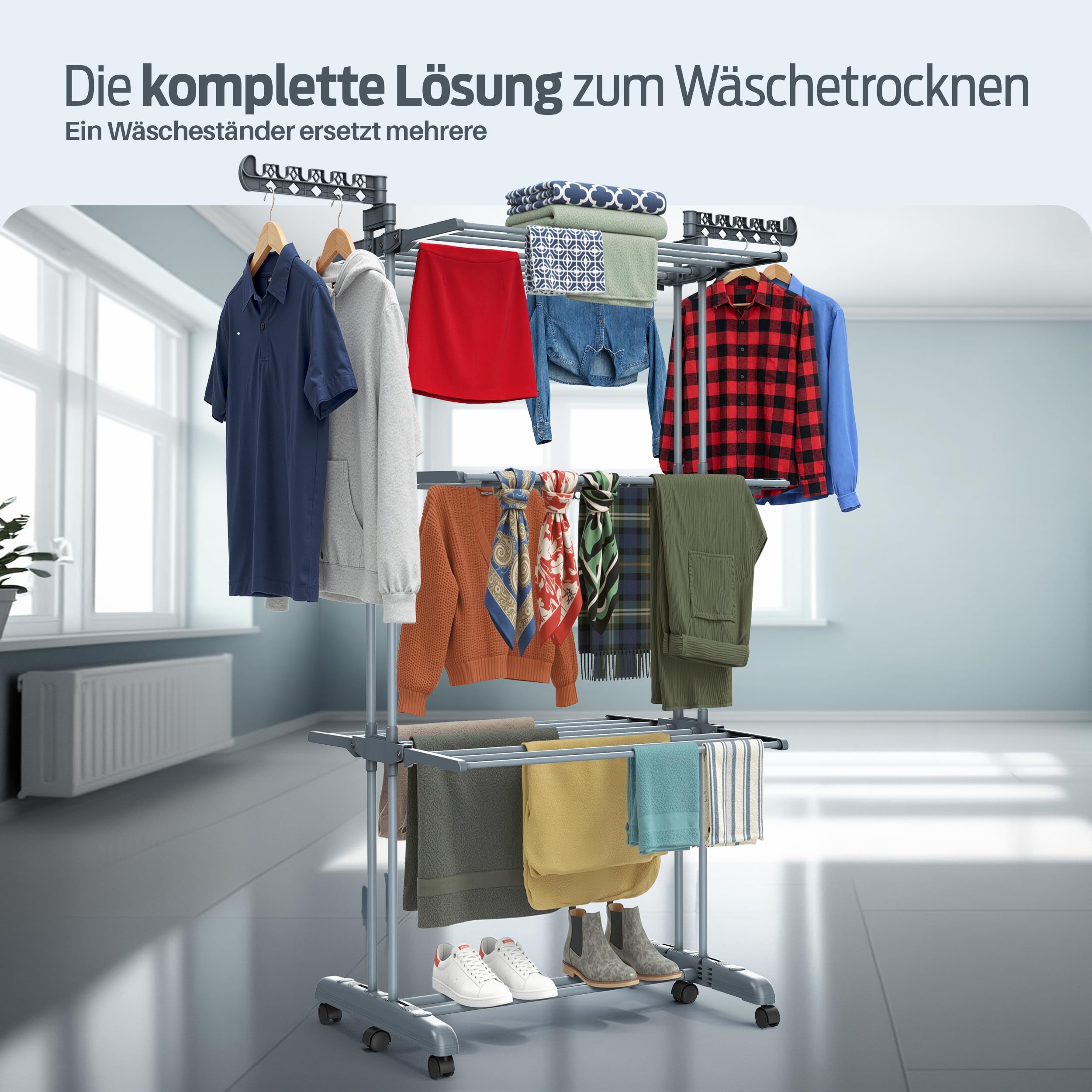 PORTENTUM Wäscheständer Turm klappbar mit 4 Ebenen und 24 Trockenstangen – Bis 40 kg – Wäschetrockner Ständer mit 2 Sockenhaltern – Für Innen- und Außenbereich – Rollen mit Feststellbremse