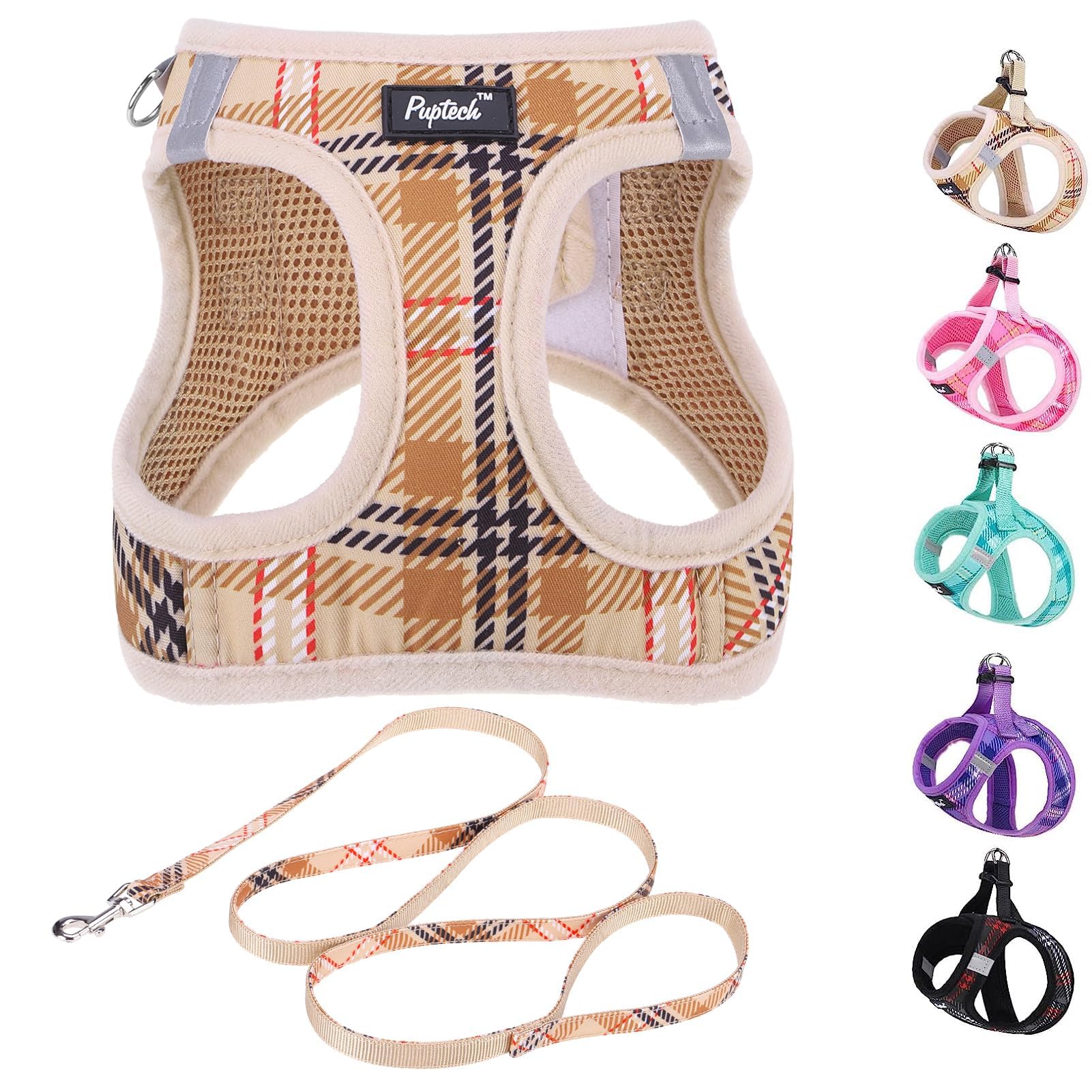 PUPTECK Dog Harness and Leash Set for Small Medium Dogs No Pull Step-in Soft Mesh Puppy Cat Vest Harnesses Reflective at Night, Plaid Pattern Beige S