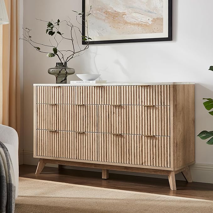 Fluted 7 Drawers Dresser, 54" Wide Modern Chest of Drawers with Faux Marble Top, Curved Profile Design, Dresser TV Stand, Wood Drawer Organizer for Bedroom, Living Room, Hallway, Natural Oak