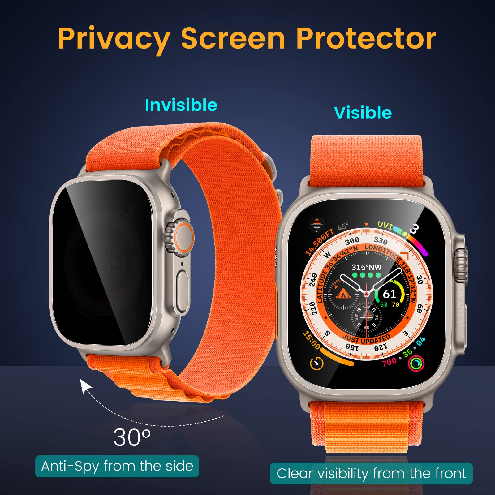 Paquete de 3 protectores de pantalla de privacidad para Apple Watch Ultra 3 de 49 mm, protector de pantalla de vidrio templado antiespía, resistente a los arañazos, impermeable, antiespía, para