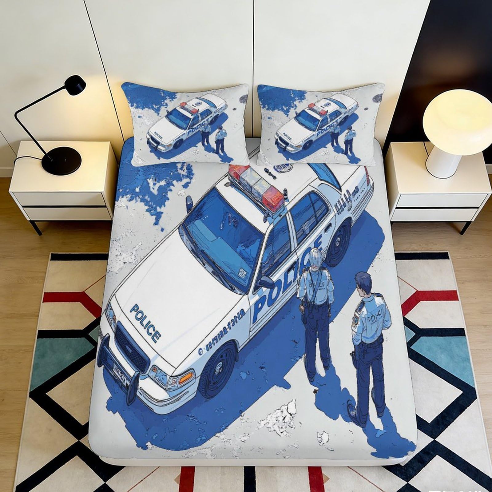3D Printed Police Car Patrol Fitted Sheet Microfiber Anti-Slip Bed Cover for Adults Teens Bedroom Dorm Decor, Easy Care 90x200x25cm