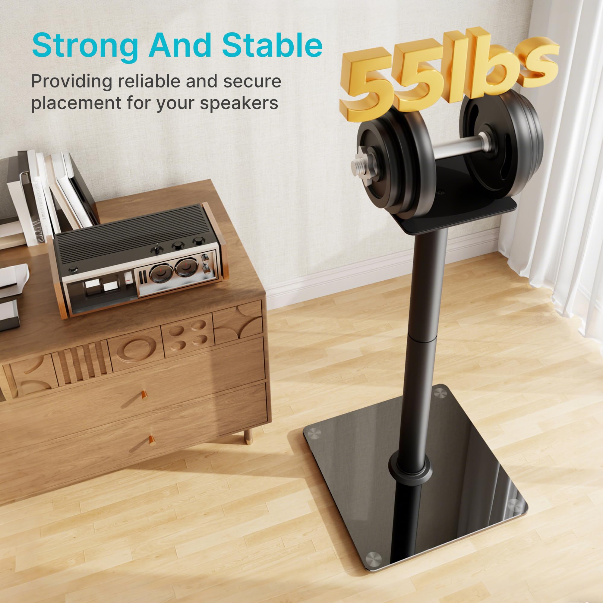 Pegzone Soporte universal para altavoces de sonido envolvente, capacidad de carga de 25 kg, soporte para altavoces de estantería de 76,5 cm de alto, gestión de cables, base grande con base de cristal