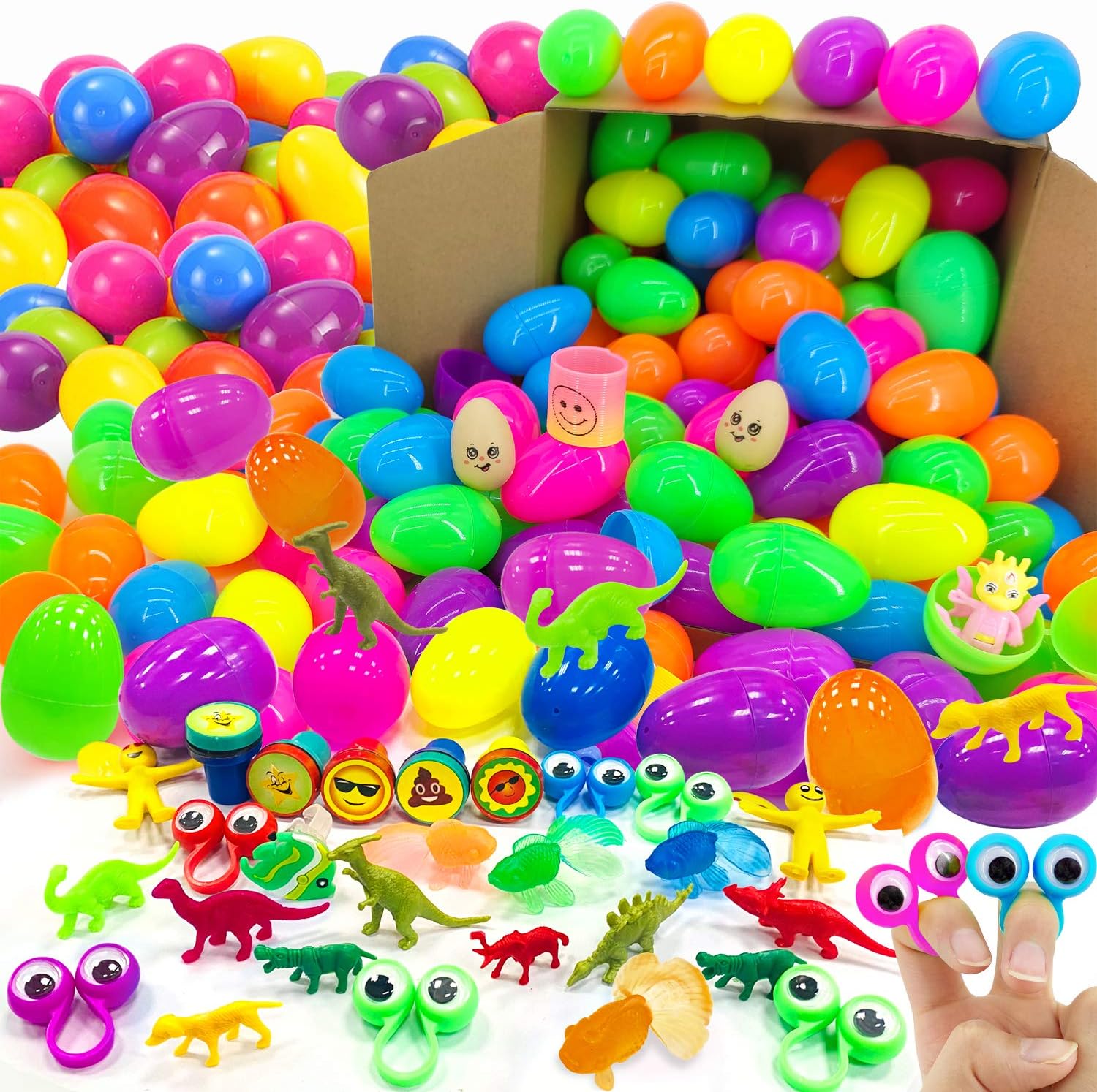 iGeeKid[ 5 Golden Eggs 150 Pack Toys Filled Easter Eggs , Plastic Surprise Eggs with 150 Toys for Kids Easter Basket Stuffer, Easter Party Favor Easter Egg Hunt Classroom Prize Easter Gift
