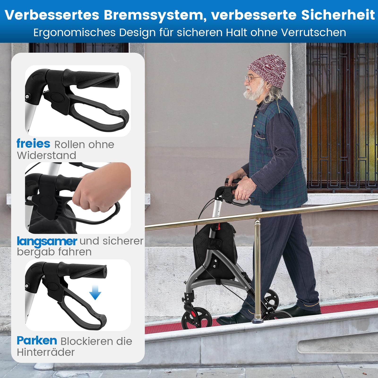 COSTWAY Rollator schmal für Wohnung, Dreirad, faltbar und leicht, Gehhilfe 6-fach höhenverstellbar, Gehwagen mit Tasche & Bremse, Aluminiumrahmen, klappbar für Senioren & Erwachsene (Grau)
