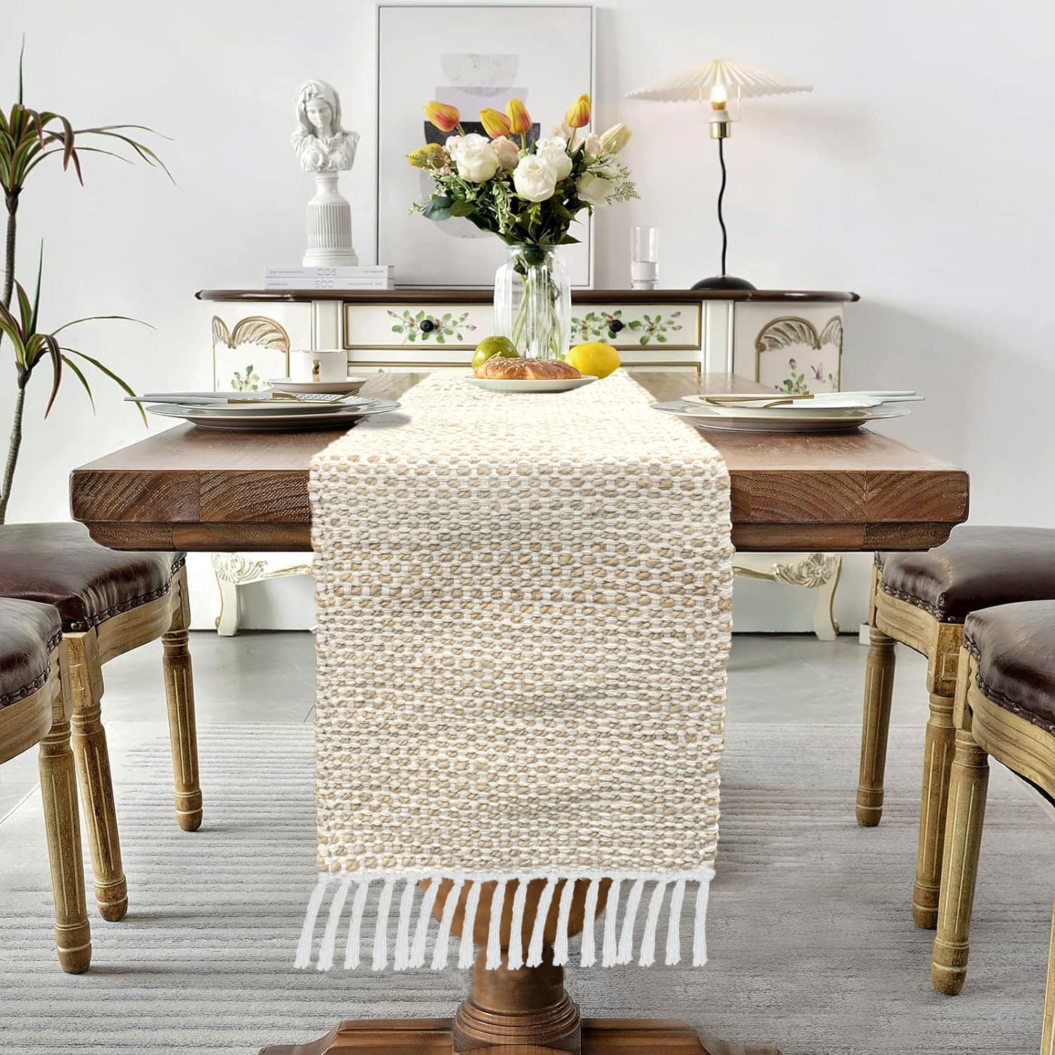 Luxe Home Elegant Beige and White Woven Table Runner with Tassels - Mix Cotton Jute 13 x 74 Inch, Honeycomb - Perfect for Dining Table, Center Table, Décor