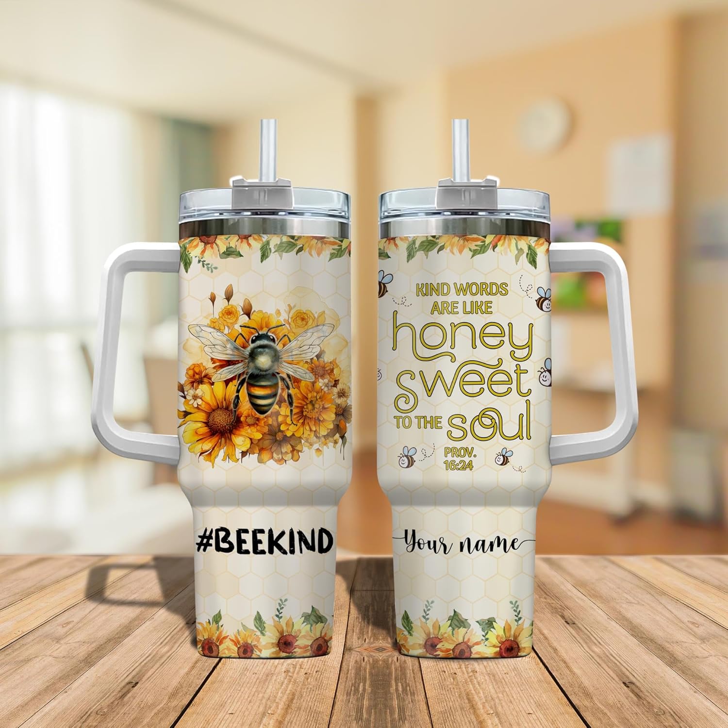 Personalized Bee Kind Sunflower 40oz Tumbler with Handle and Straw, Bee Tumbler for Women, Vacuum Insulated Cute Bee Tumbler, Gifts for Bee Lover, Travel Coffee Tumbler (01), Large