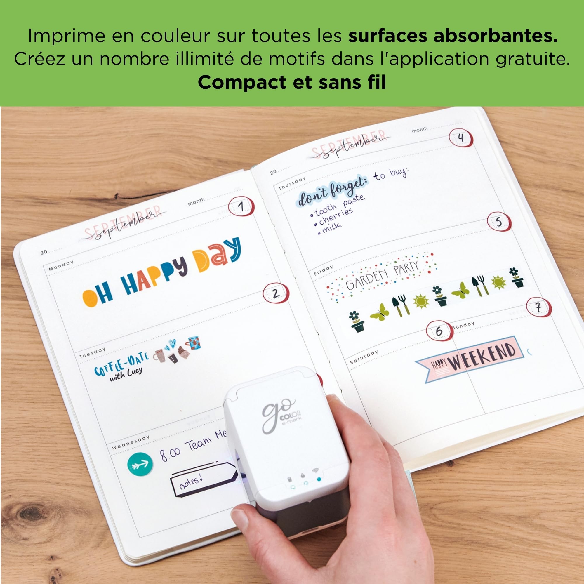 Kit Complet COLOP e-Mark go | Mini-imprimante | Couleur | DIY | Mini-imprimante portable pour surfaces absorbantes. Idéale pour le bricolage, inclut un éditeur d'application gratuit.