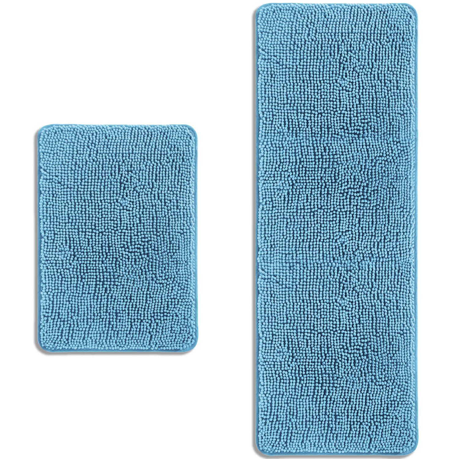 PureSwan Bathroom Rugs Sets 2 Piece – Absorbent and Washable Bath Mat, Non-Slip, Thick Soft Chenille Bath Rugs for Bathroom Floor, Shower, Sink(17" x 24"+17" x 47", Sky Blue)