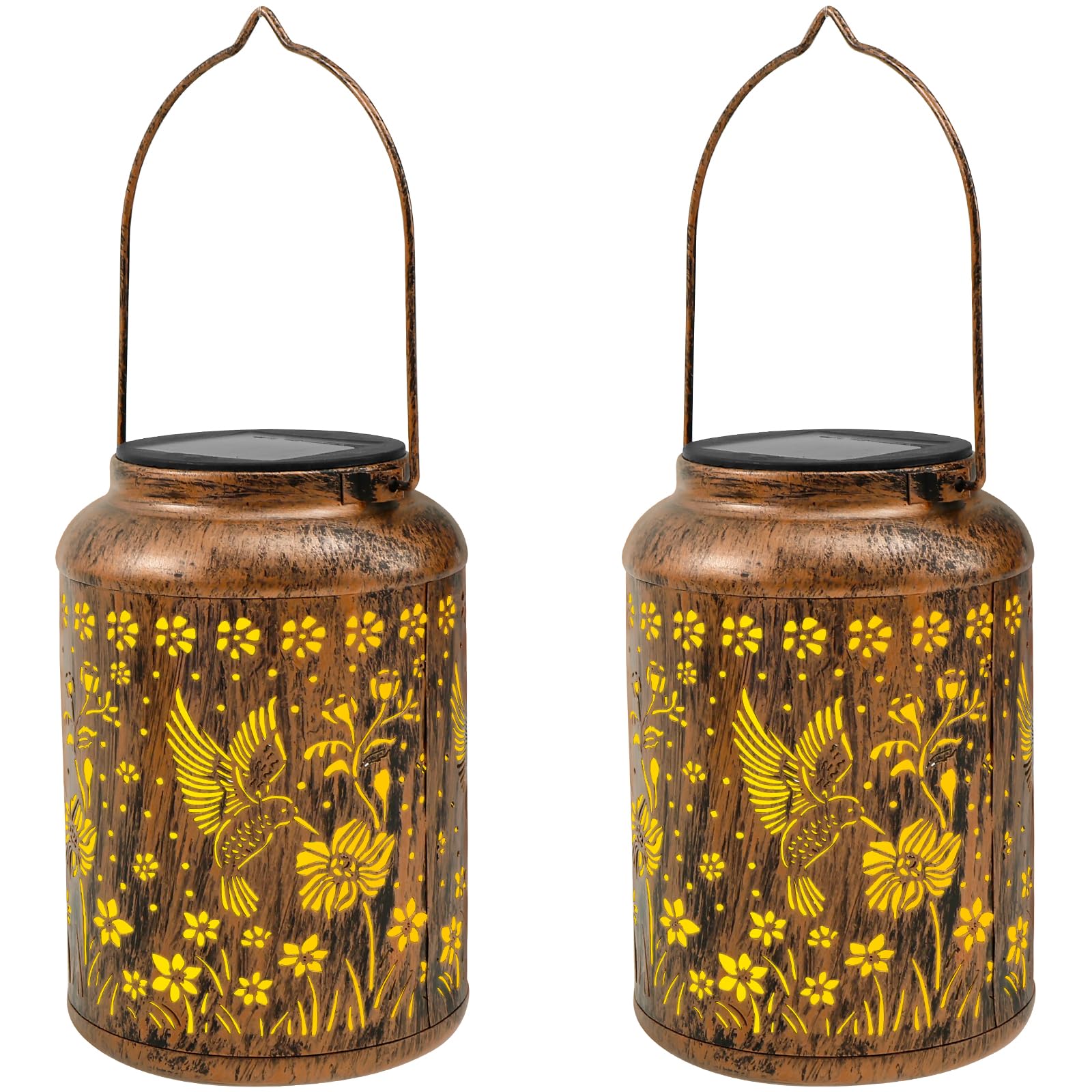 2 faroles solares decorativos de metal ahuecados impermeables LED para porche o árbol (marrón oscuro, 2)
