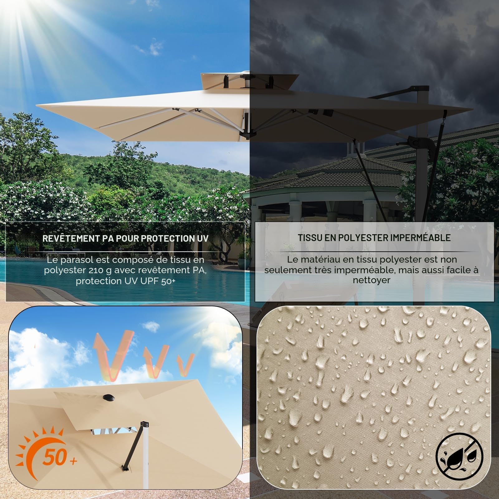 Devoko Parasol Déporté Carré, Canopée Monocouche Parasol de Jardin Extérieur en Aluminium Inclinable Toile Protection UV50+ avec Housse de Protection pour Balcon Patio Terrasse