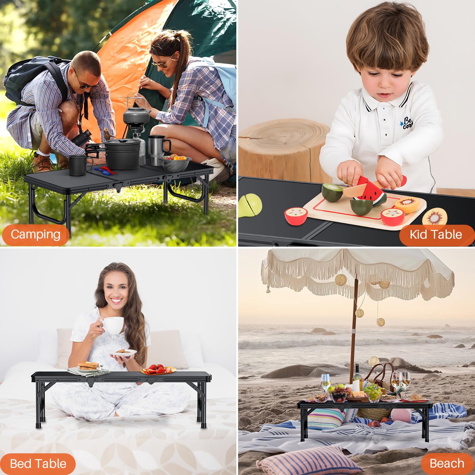 FUNYKICH Niski składany stół piknikowy o długości 0,9 m (87 x 40 x 26 cm), grubszy aluminiowy stół plażowy z uchwytem i torbą do przenoszenia, lekki, mały stół kempingowy na piknik, plażę, kemping