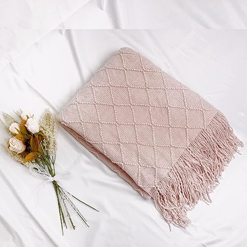 Miniatura 4 de 1 manta de punto de 50 x 60 pulgadas, diseño de rombos rosados, suave, cálida y bohemia con borlas para mujeres, hombres. Adecuado para viajes,