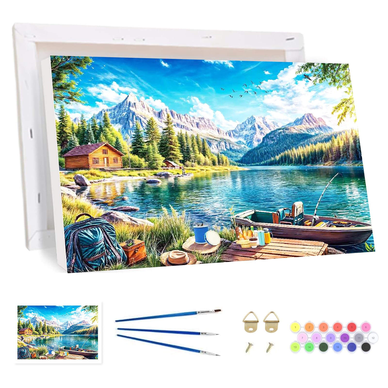 Bowetile Framed Mountain Paint by Numbers for Adults, Beach Painting by Numbers Kit for Adults Beginners Canvas Kit, DIY Color Oil Painting Acrylic Paints for Home Wall Decor 20x30cm
