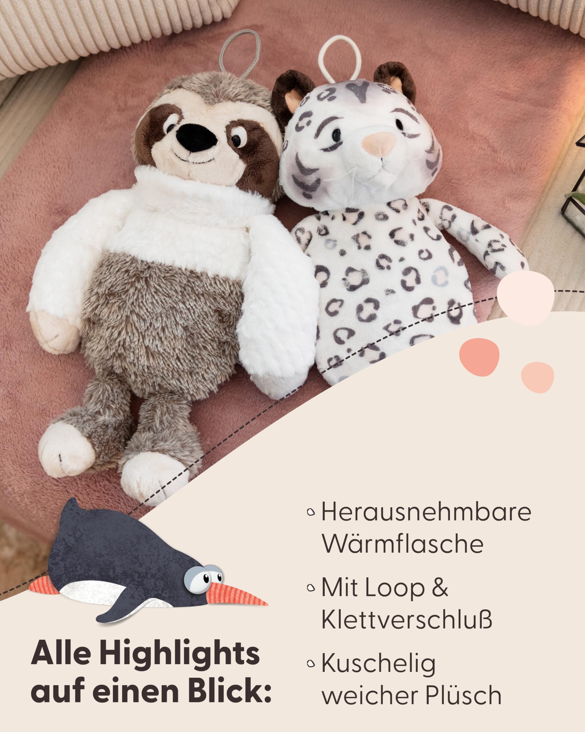 NICI Kuscheltier Wärmflasche Schneeleopard Eleni Snowbell 300ml 34cm - weiß - Kuscheliges Wärmetier ab 10 Monaten – Plüschtier-Wärmflasche, Wärmebeutel für Kinder und Erwachsene - 62447