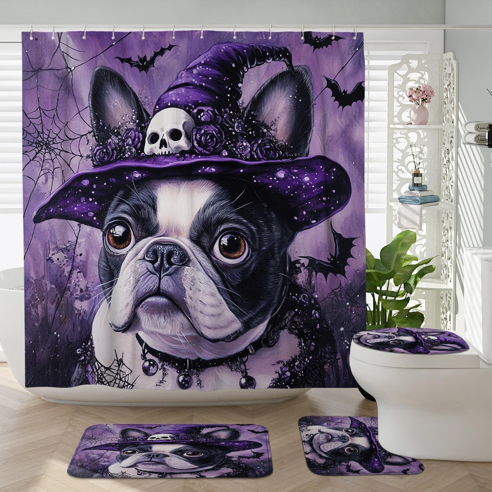 Rideau de douche Halloween bouledogue français 183x183 avec tapis de bain et wc